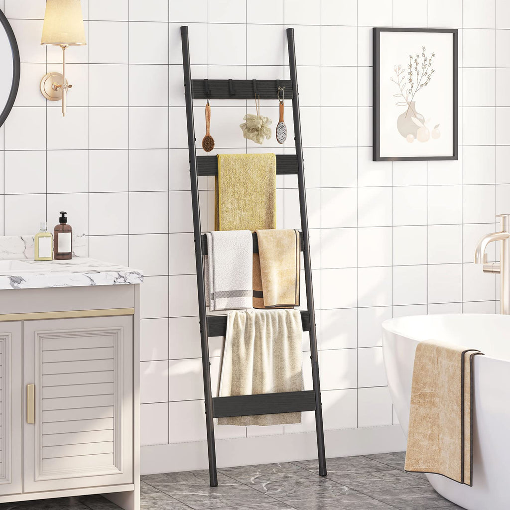 HOOBRO Blanket Ladder, 5-Tier Towel Rack with Hooks, Wall-Leaning Blanket Rack, Decorative Display Ladder Shelf, for Scarves, Industrial, Living Room, Bedroom, Rustic Brown and Black BF52CJ01G1