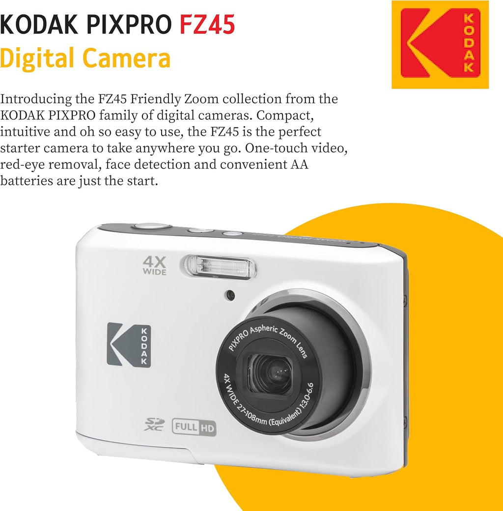 KODAK PIXPRO FZ45 16MP Digital Camera with 4X Optical Zoom 27mm Wide Angle and 2.7" LCD Screen Bundle with 32GB SD Memory Card, AA Batteries (4 Pack), Lens Cleaning Cloth (White)