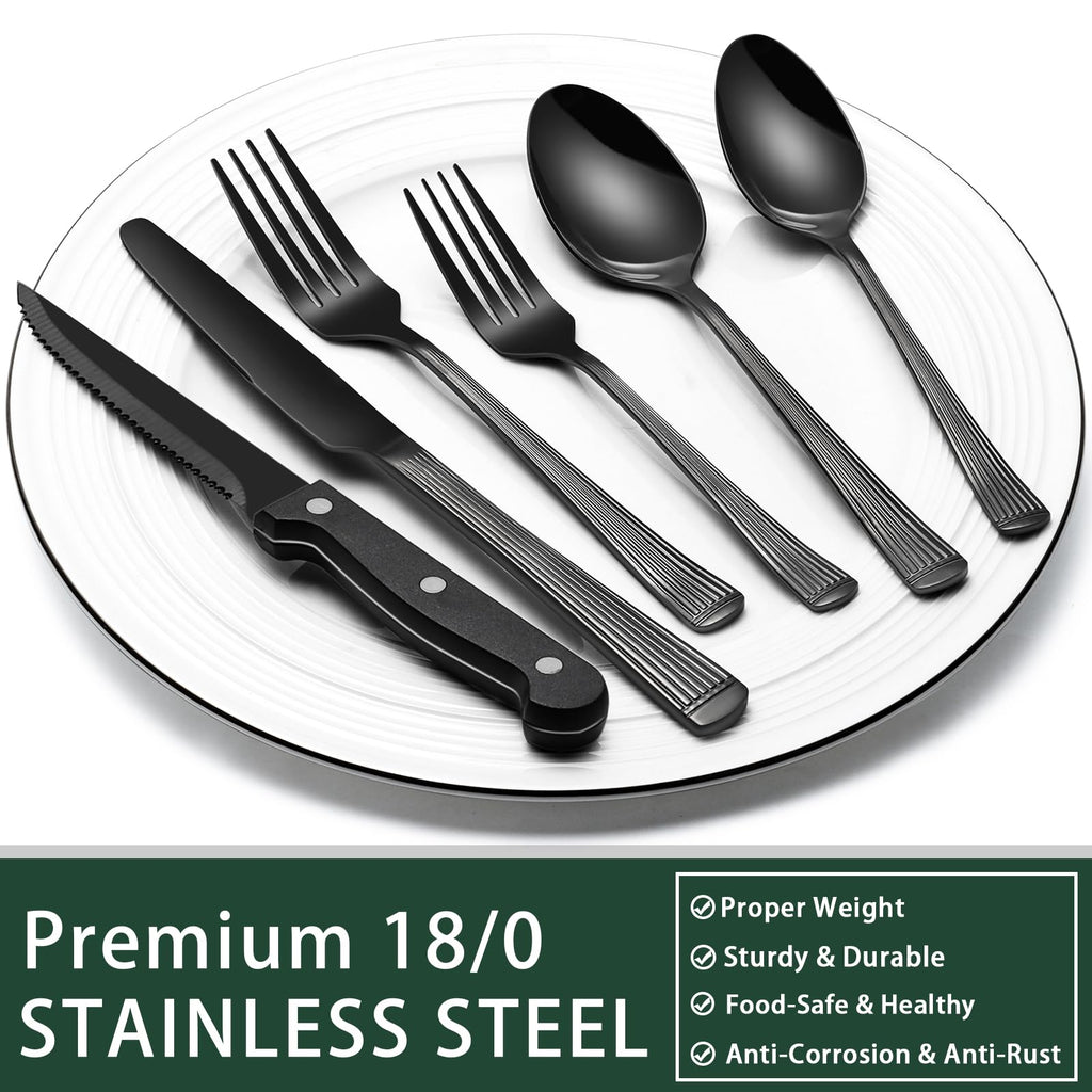 EWFEN 24-Piece Black Silverware Set with Steak Knives, Black Flatware Set for 4, Food-Grade Stainless Steel Tableware Cutlery Set, Mirror Finished Utensil Sets for Home Restaurant, Round Edge