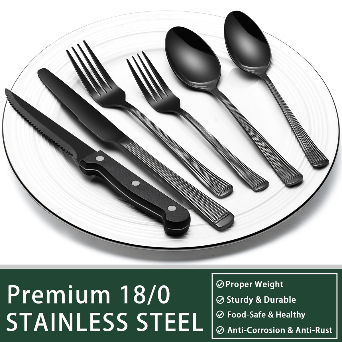 EWFEN 24-Piece Black Silverware Set with Steak Knives, Black Flatware Set for 4, Food-Grade Stainless Steel Tableware Cutlery Set, Mirror Finished Utensil Sets for Home Restaurant, Round Edge