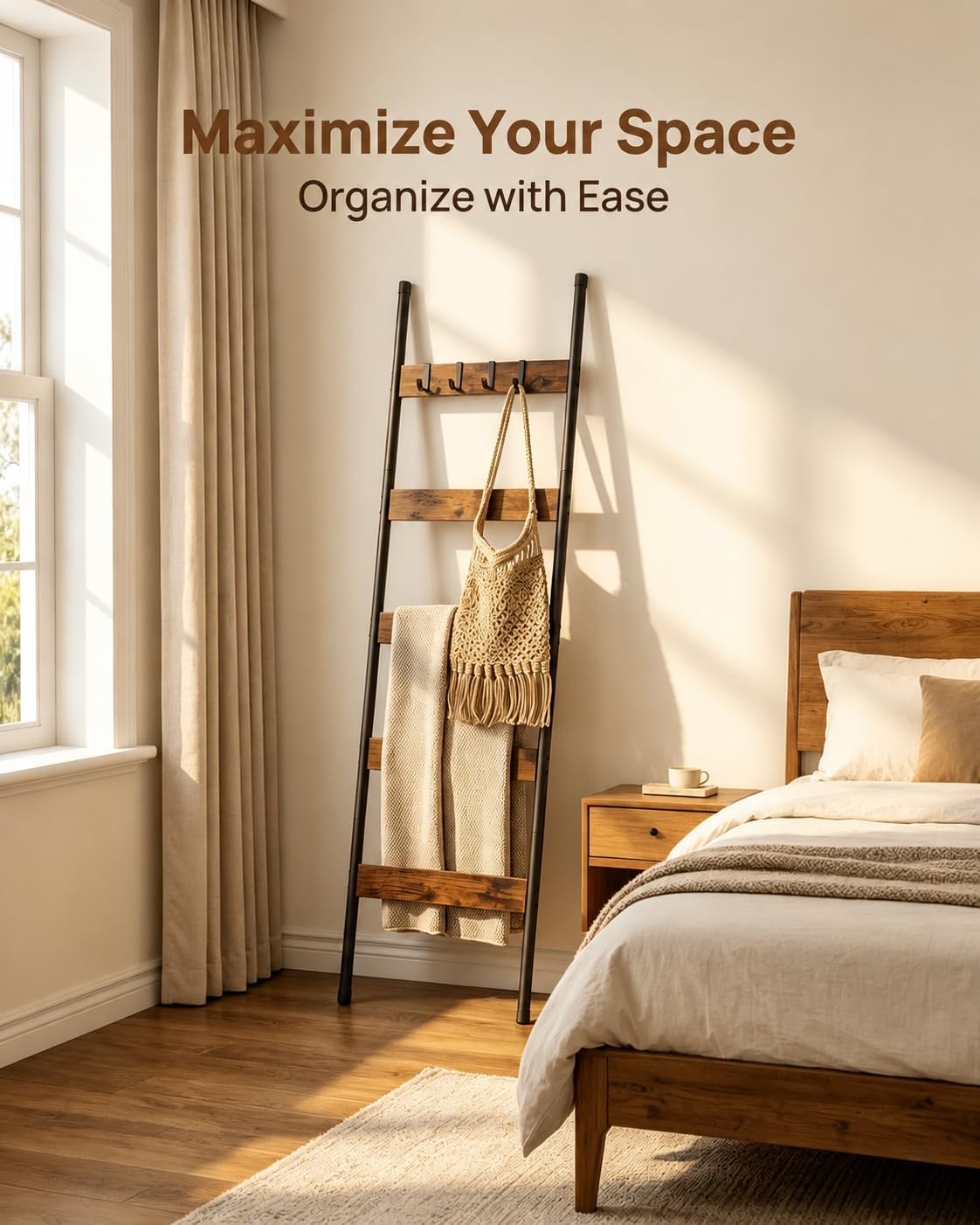 HOOBRO Blanket Ladder, 5-Tier Towel Rack with Hooks, Wall-Leaning Blanket Rack, Decorative Display Ladder Shelf, for Scarves, Industrial, Living Room, Bedroom, Rustic Brown and Black BF52CJ01G1