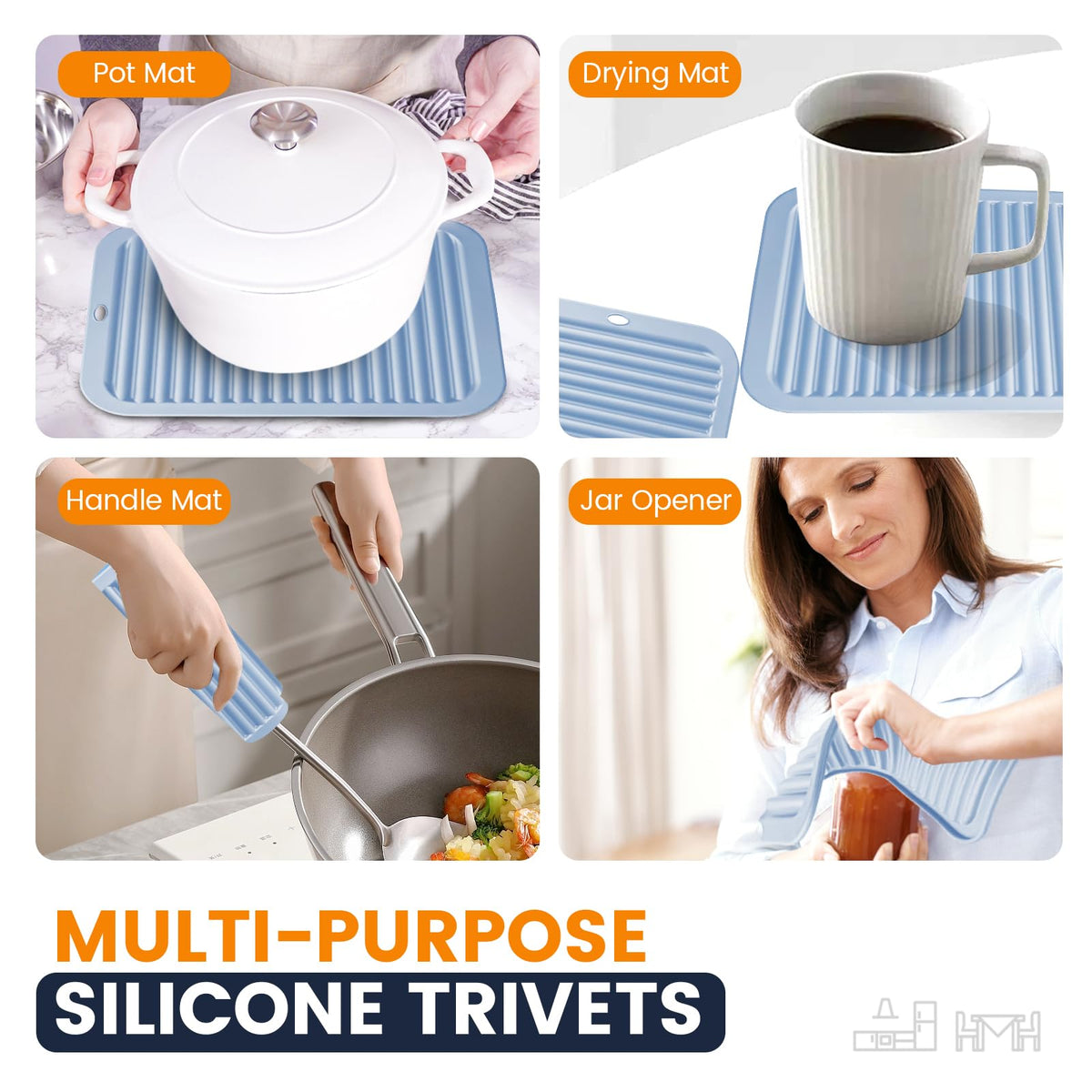 Silicone Trivet Mats 4 Heat Resistant Pot Holders Multipurpose Non-Slip Hot Pads for Kitchen Potholders, Drying mat, Jar Opener, Spoon Holder, Coaster(Dark Grey)