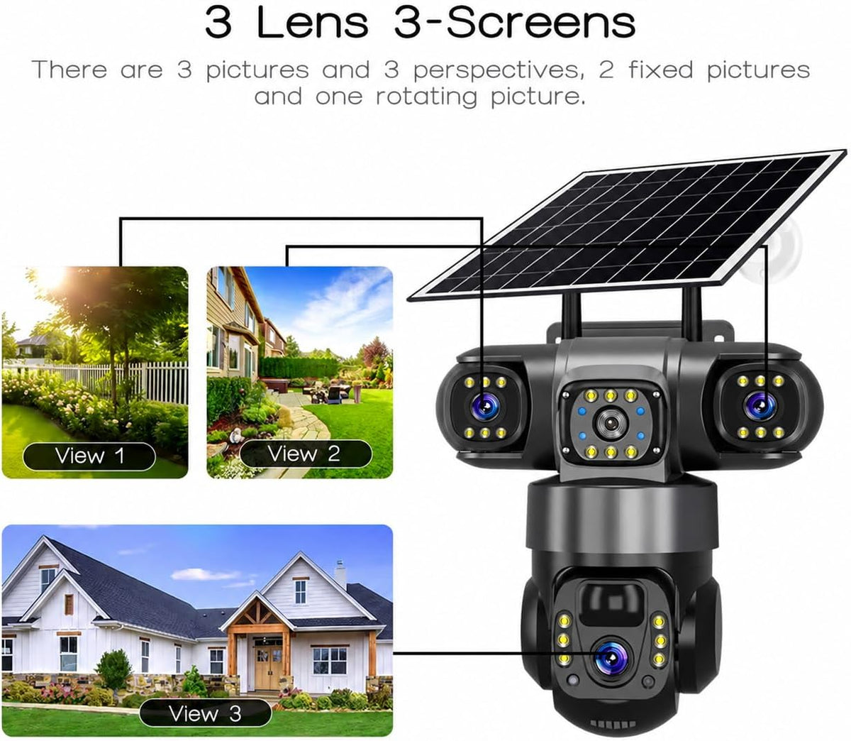 4G solar Security Camera, 12MP Full HD, 3 Lens, Outdoor PTZ, Solar Powered, Black(no Wi-Fi)