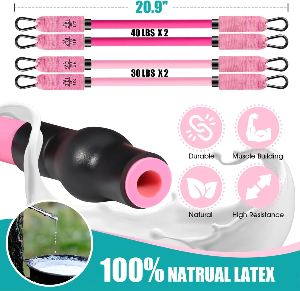 Pilates Bar Kit with Resistance Bands, Adjustable Pink Workout Set