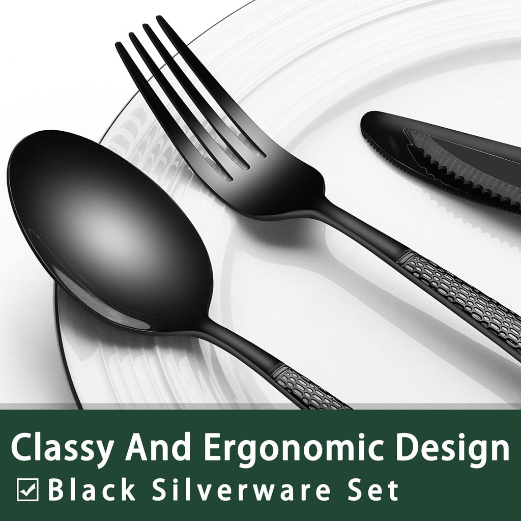 EWFEN 24-Piece Black Silverware Set with Steak Knives, Black Flatware Set for 4, Food-Grade Stainless Steel Tableware Cutlery Set, Mirror Finished Utensil Sets for Home Restaurant, Round Edge