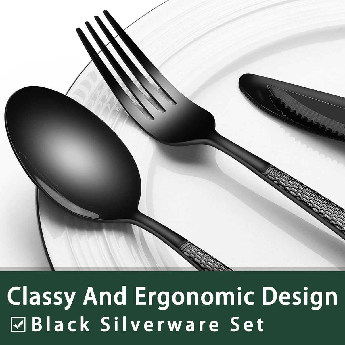 EWFEN 24-Piece Black Silverware Set with Steak Knives, Black Flatware Set for 4, Food-Grade Stainless Steel Tableware Cutlery Set, Mirror Finished Utensil Sets for Home Restaurant, Round Edge