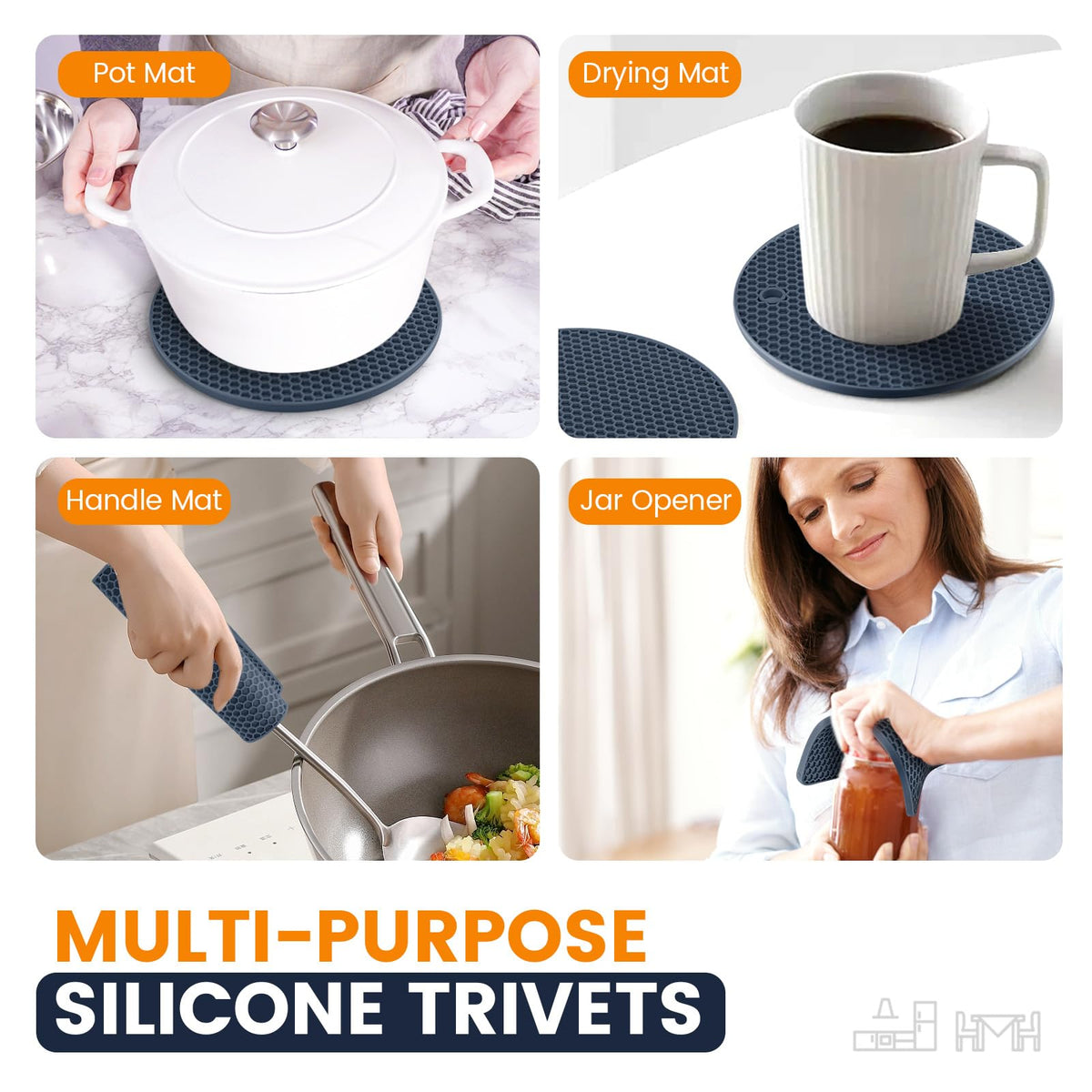 Silicone Trivet Mats 4 Heat Resistant Pot Holders Multipurpose Non-Slip Hot Pads for Kitchen Potholders, Drying mat, Jar Opener, Spoon Holder, Coaster(Dark Grey)
