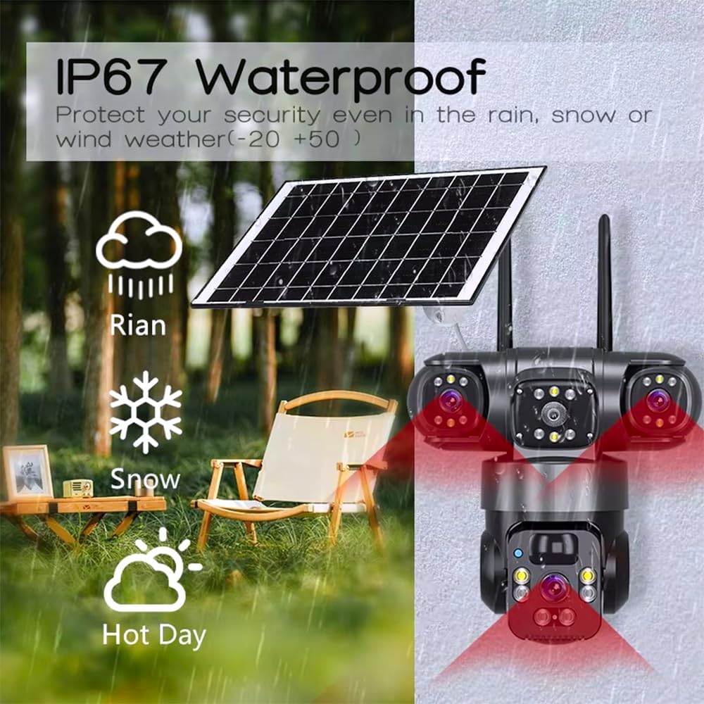 4G solar Security Camera, 12MP Full HD, 3 Lens, Outdoor PTZ, Solar Powered, Black(no Wi-Fi)