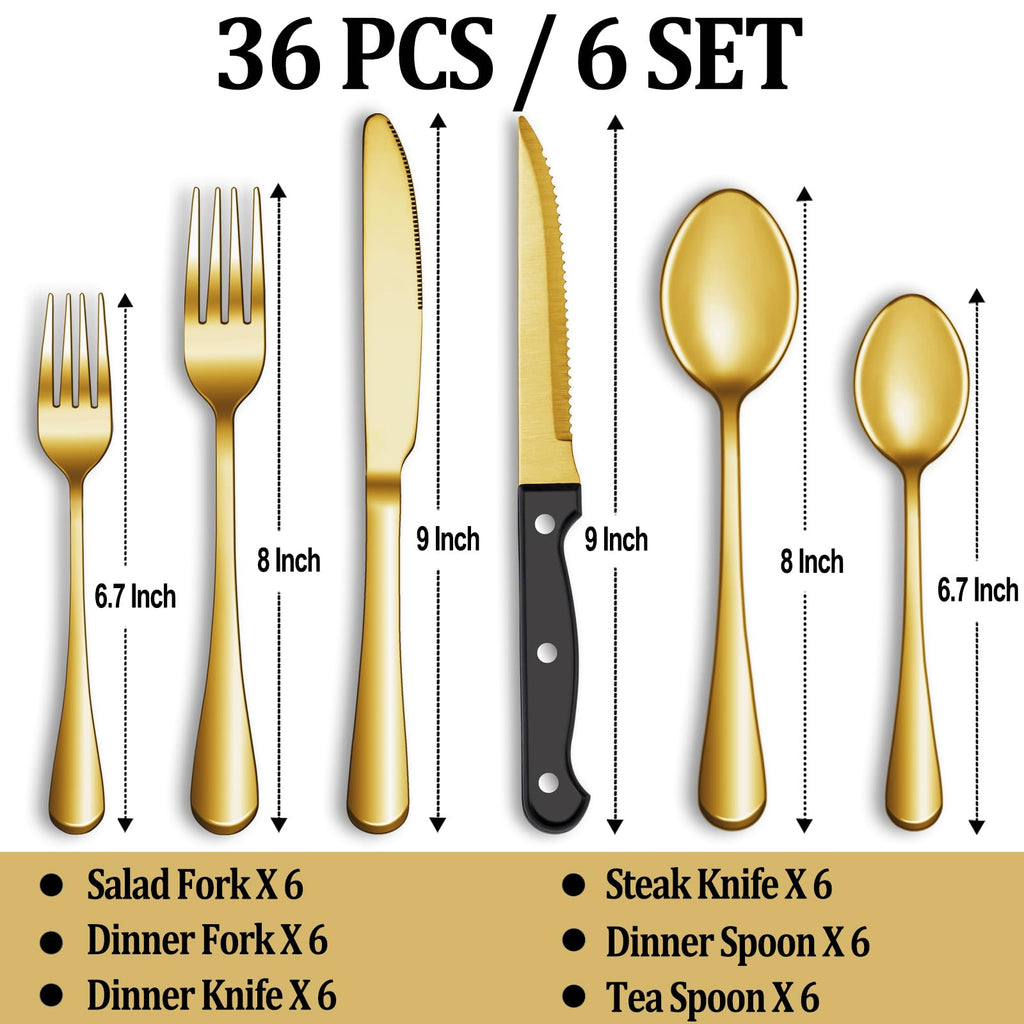 24 Pcs Silverware Set with Steak Knives for 4, Stainless Steel Flatware Set, Mirror Polished Cutlery Utensil Sets, Home Kitchen Eating Tableware, Dishwasher Safe
