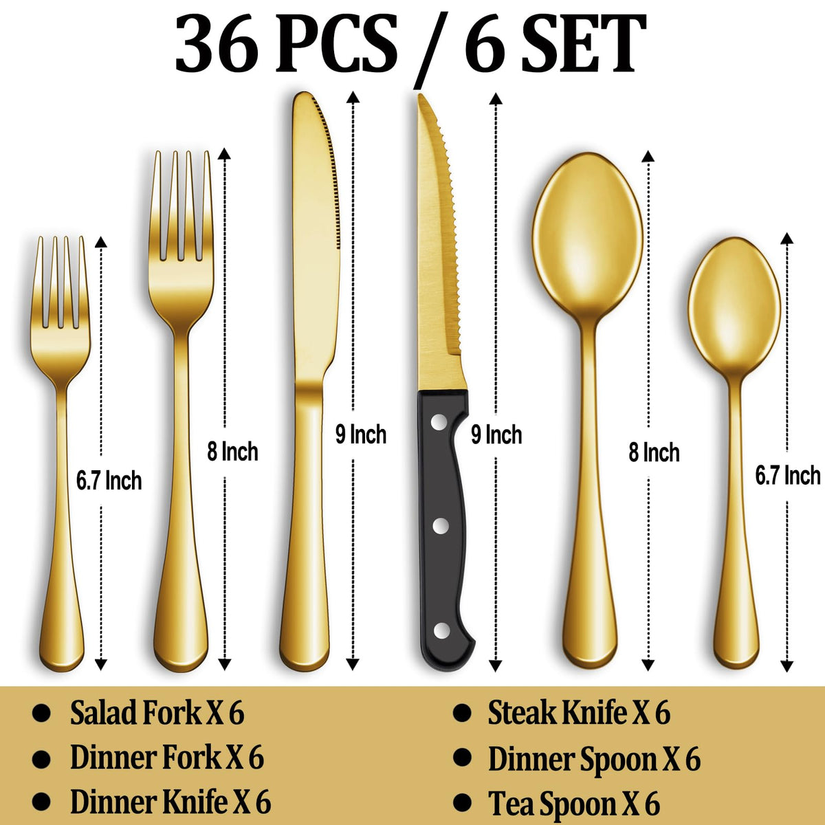 24 Pcs Silverware Set with Steak Knives for 4, Stainless Steel Flatware Set, Mirror Polished Cutlery Utensil Sets, Home Kitchen Eating Tableware, Dishwasher Safe