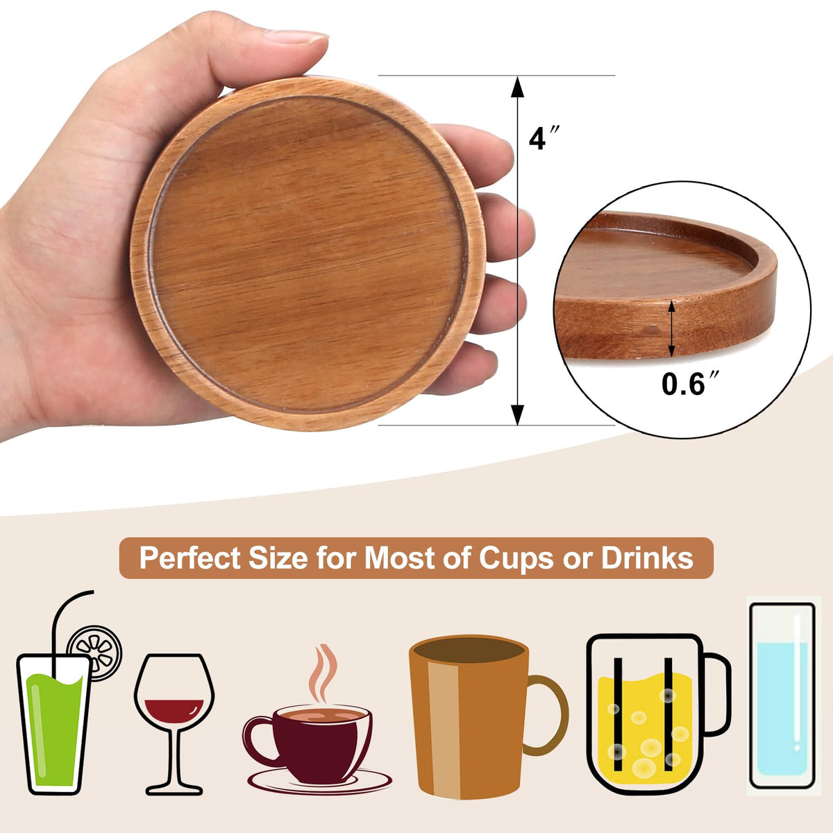 Wooden Coaster Set of 6 Coffee Table Decor Bar Cup Drink Coasters Holder