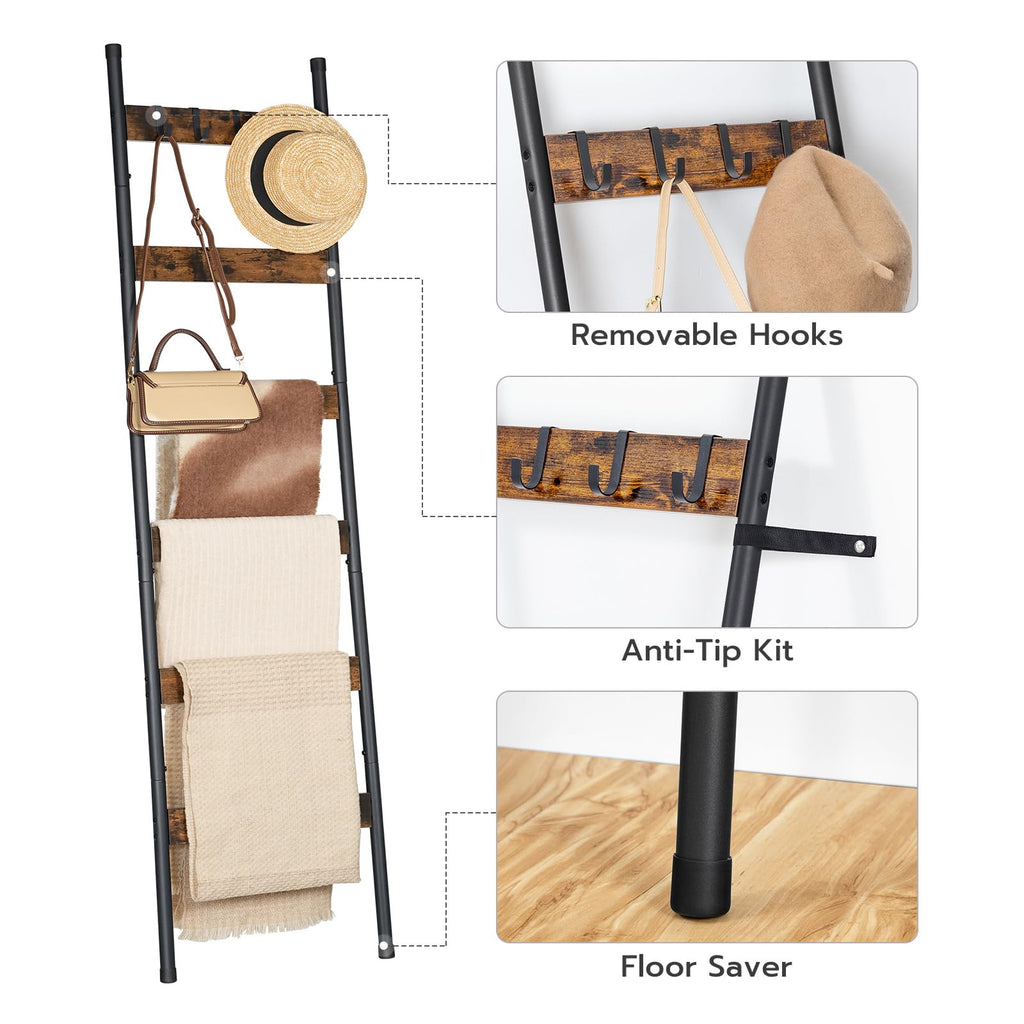 HOOBRO Blanket Ladder, 5-Tier Towel Rack with Hooks, Wall-Leaning Blanket Rack, Decorative Display Ladder Shelf, for Scarves, Industrial, Living Room, Bedroom, Rustic Brown and Black BF52CJ01G1