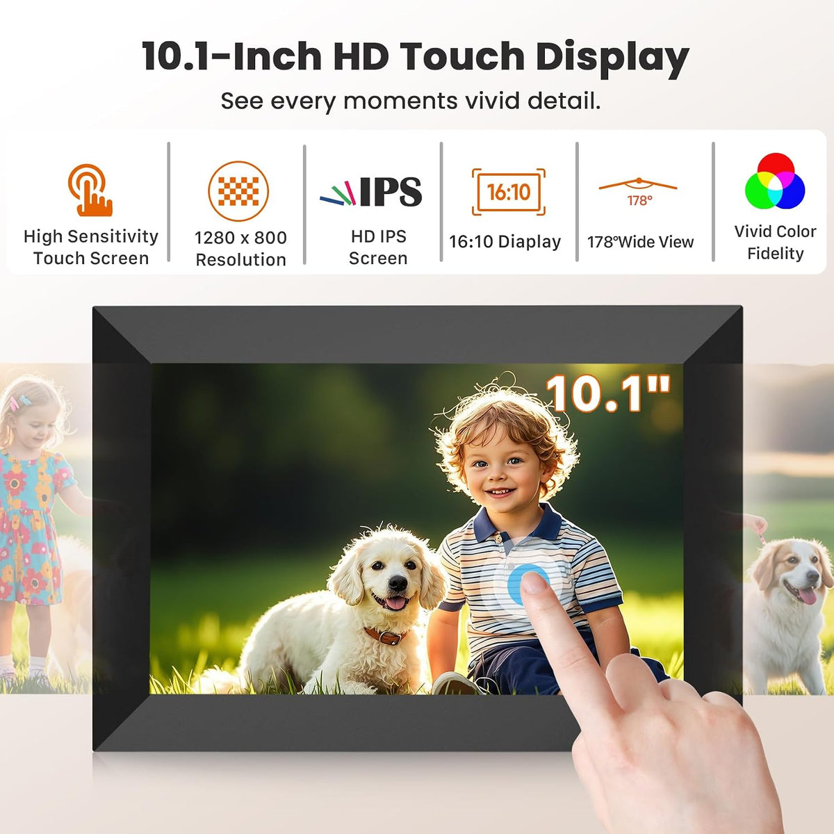 إطار صور رقمي من فانجور، إطار صور ذكي بشاشة لمس IPS HD مقاس 10.1 بوصة ودقة 1280×800 مع ذاكرة 32 جيجابايت، إطار صور إلكتروني ذكي مع تدوير تلقائي ومشاركة الصور والفيديو فوراً عبر تطبيق أوهالي من أي مكان