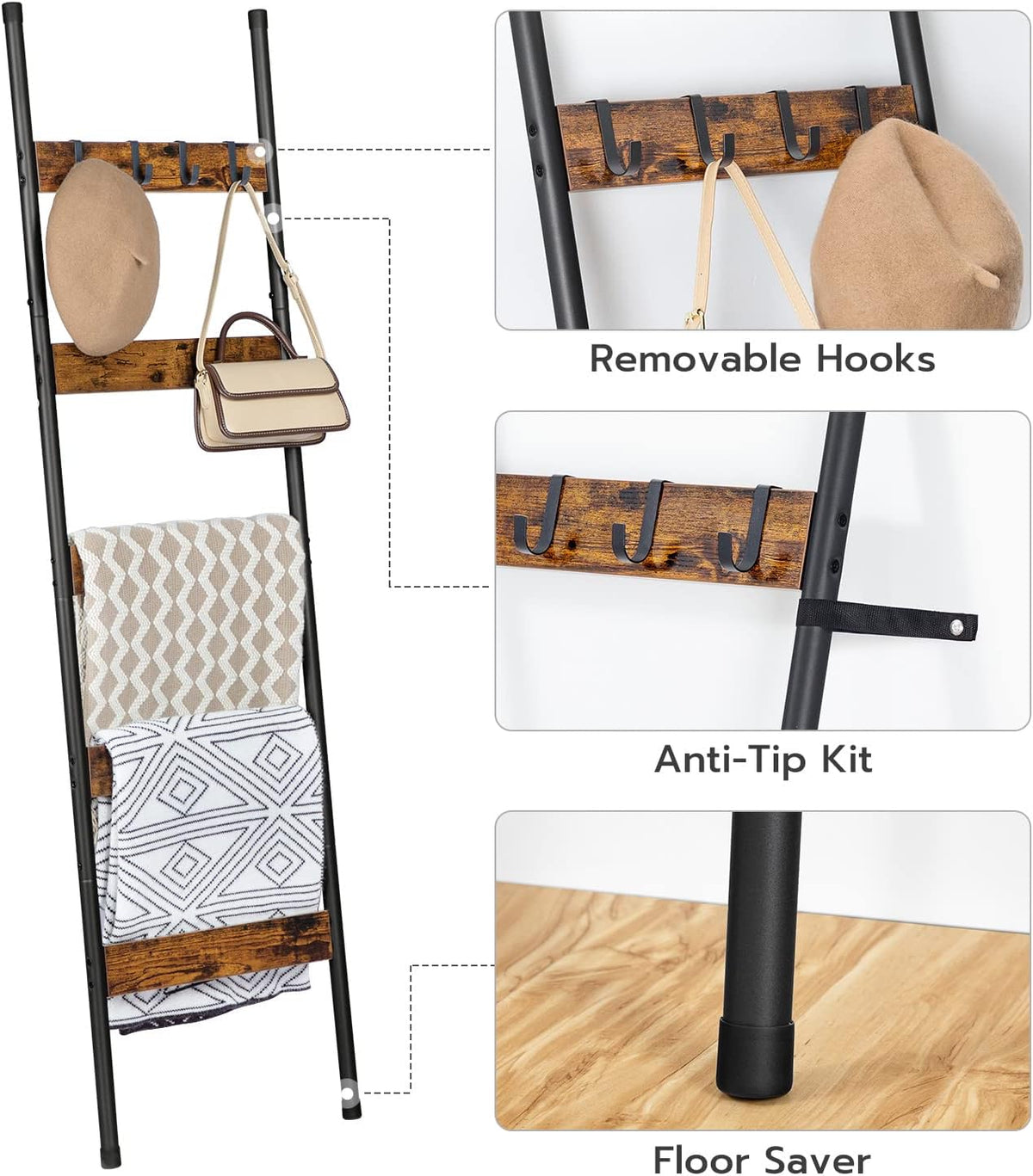 HOOBRO Blanket Ladder, 5-Tier Towel Rack with Hooks, Wall-Leaning Blanket Rack, Decorative Display Ladder Shelf, for Scarves, Industrial, Living Room, Bedroom, Rustic Brown and Black BF52CJ01G1