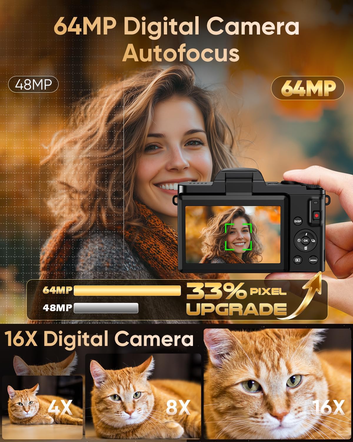 4K Digital Camera WiFi 180° Flip Screen Autofocus 64MP 16X Zoom, Black