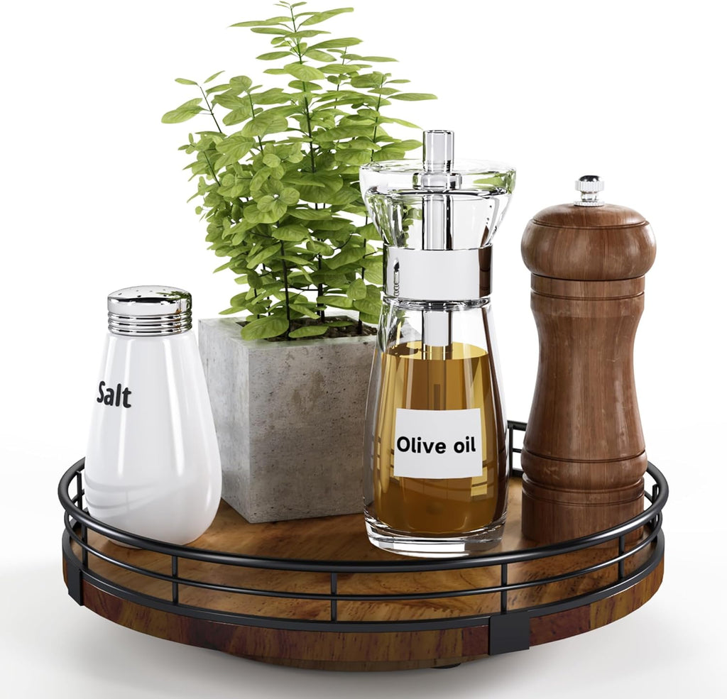 9-Inch Farmhouse Oak Wood Lazy Susan Organizer for Table Top, Walnut
