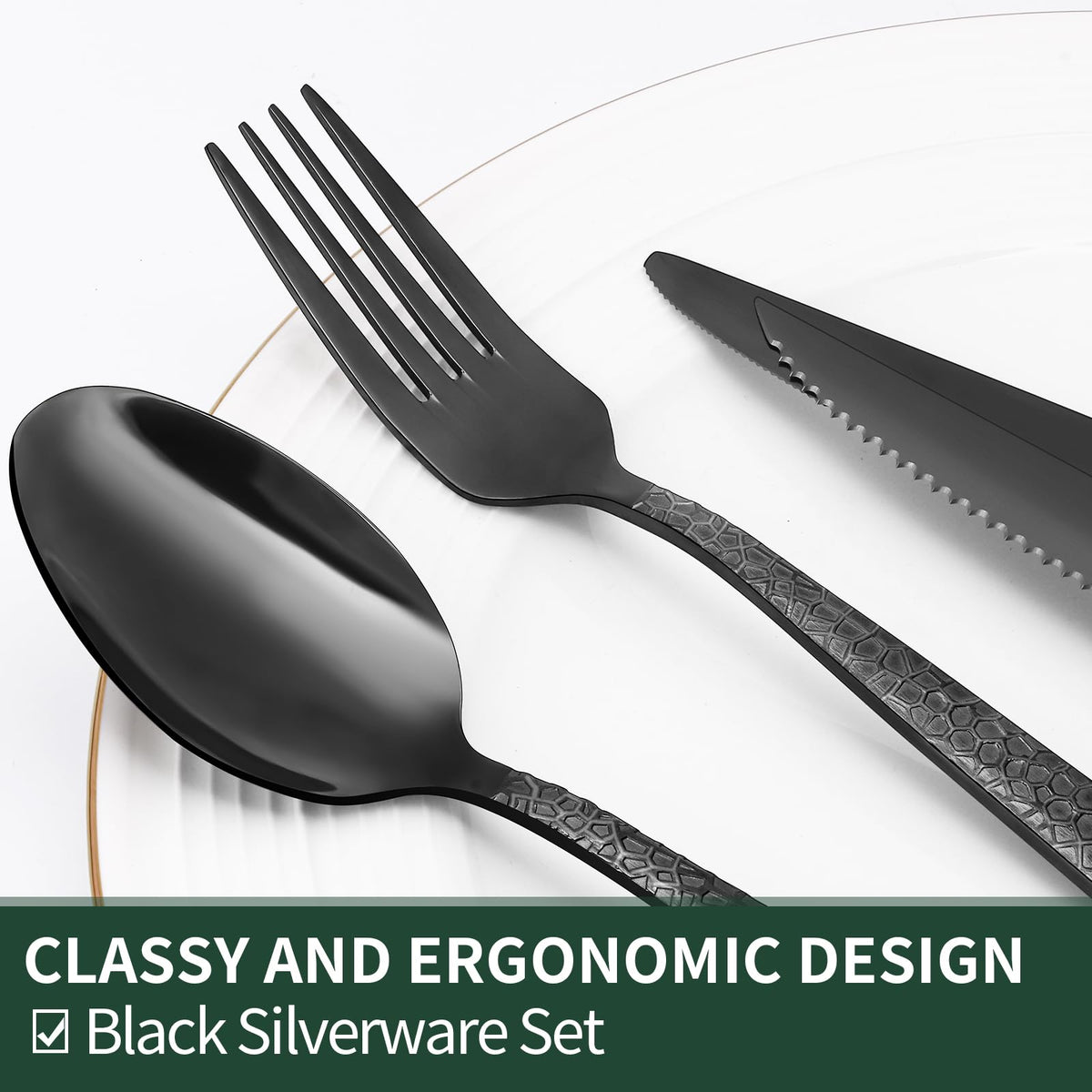 EWFEN 24-Piece Black Silverware Set with Steak Knives, Black Flatware Set for 4, Food-Grade Stainless Steel Tableware Cutlery Set, Mirror Finished Utensil Sets for Home Restaurant, Round Edge