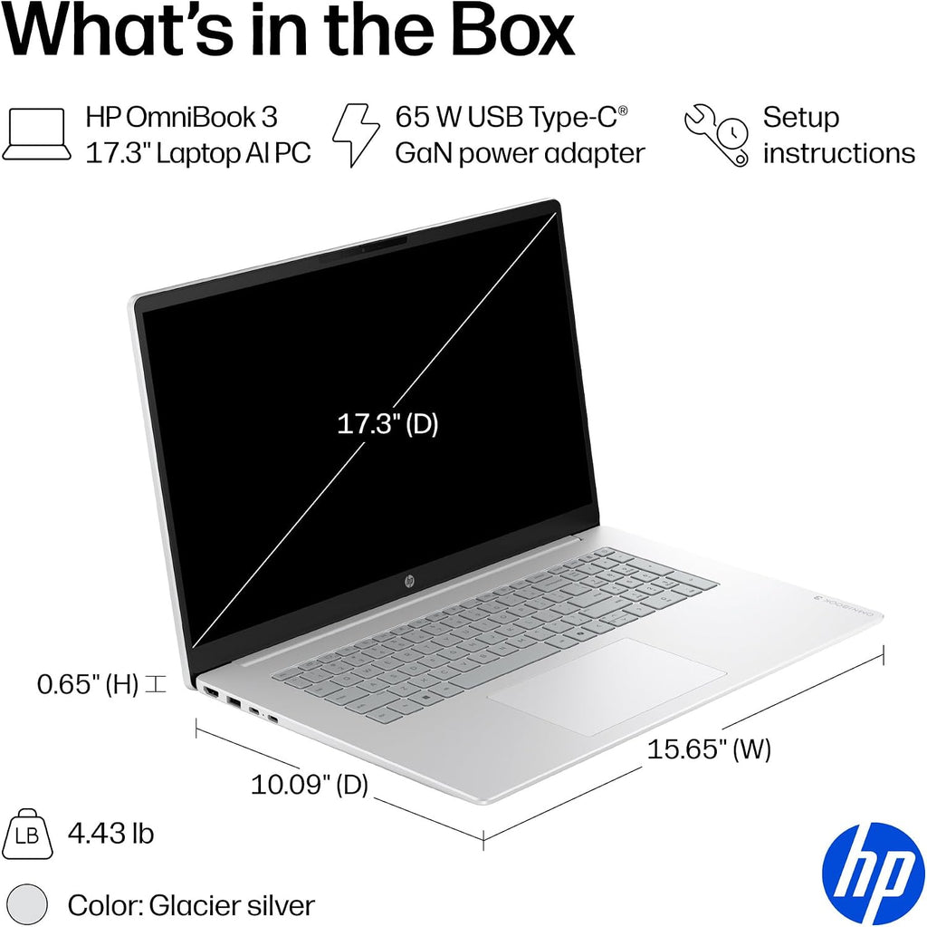 HP OmniBook 3 17.3 inch Laptop PC, FHD Display, Intel Core Ultra 5 225U, 8 GB RAM, 512 GB SSD, Intel Graphics, Windows 11 Home, Glacier Silver, 17-dg0099nr