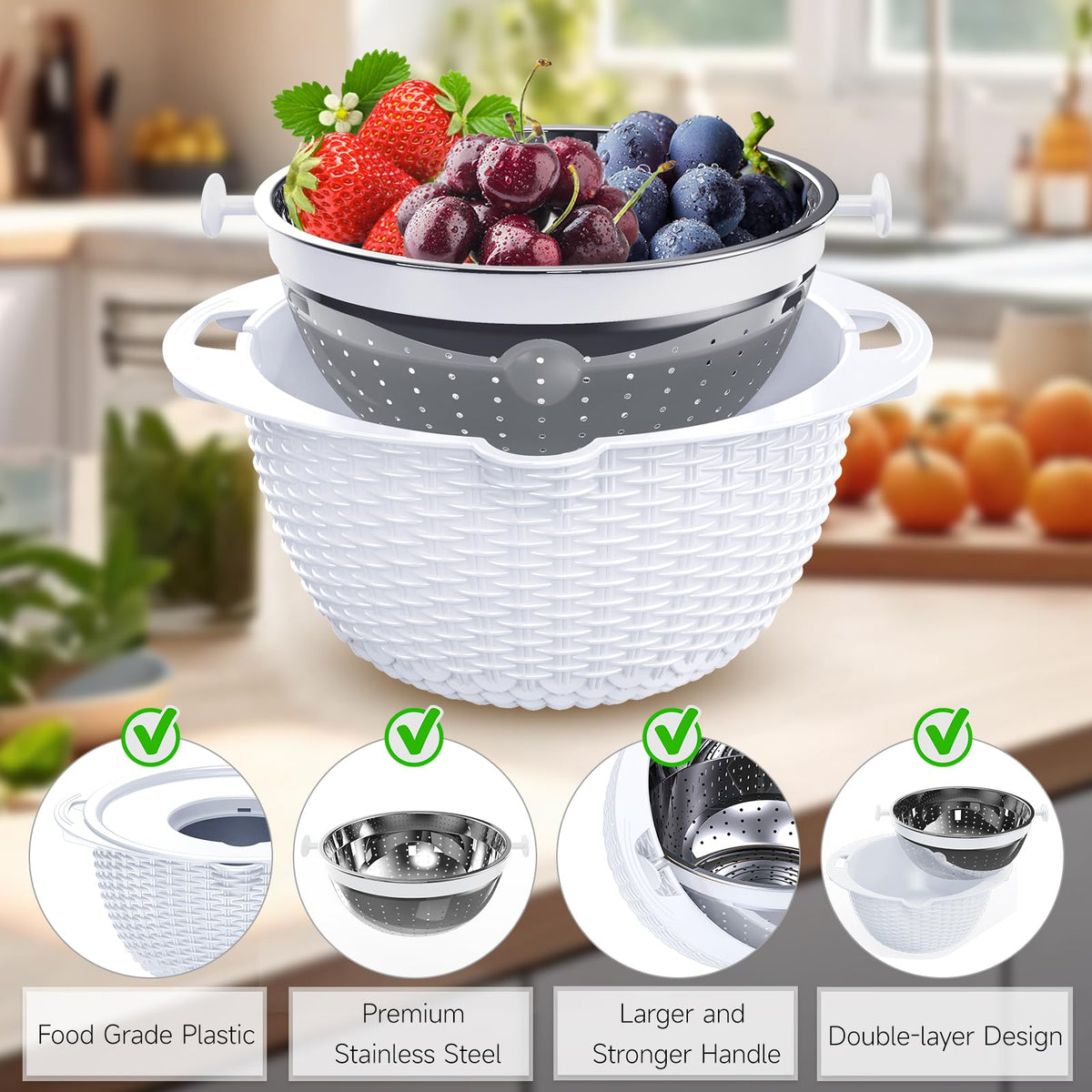 Over the Sink Colander - Strainers and Colanders - Sink Strainer Basket - Expandable Fine Mesh Strainer with Rubber Grip for Veggie, Fruits, Pasta, Home Kitchen Essentials (9.5W x 13.4-21.3L x 3.3H)