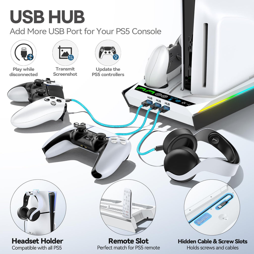 PS5/Slim/Pro Stand for Disc & Digital Console, PS5 Cooling & Charging Station with RGB Lights, PS5 Controller Charger Built-in 3 Level & AUTO Adjustable Fan, Accessories for PlayStation 4 Chargers