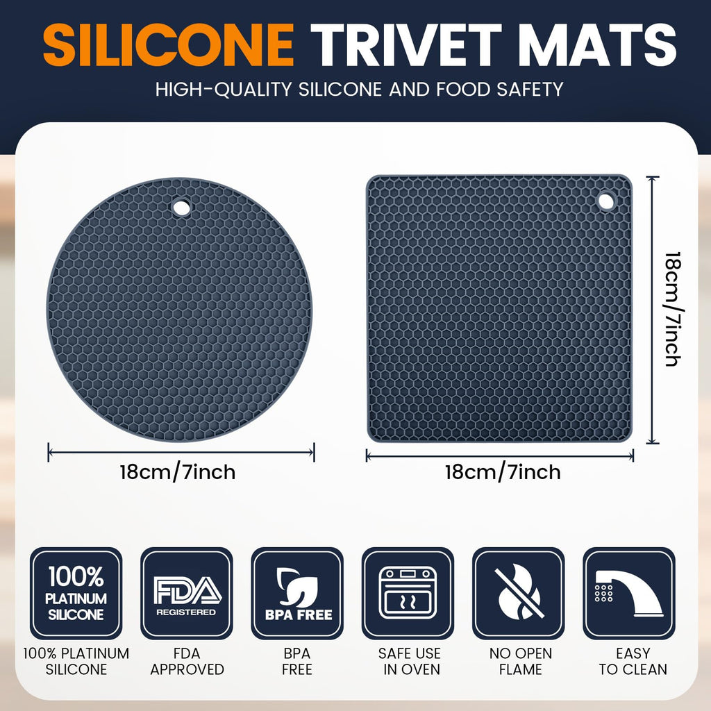 Silicone Trivet Mats 4 Heat Resistant Pot Holders Multipurpose Non-Slip Hot Pads for Kitchen Potholders, Drying mat, Jar Opener, Spoon Holder, Coaster(Dark Grey)