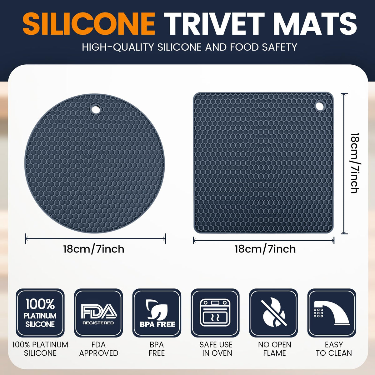Silicone Trivet Mats 4 Heat Resistant Pot Holders Multipurpose Non-Slip Hot Pads for Kitchen Potholders, Drying mat, Jar Opener, Spoon Holder, Coaster(Dark Grey)