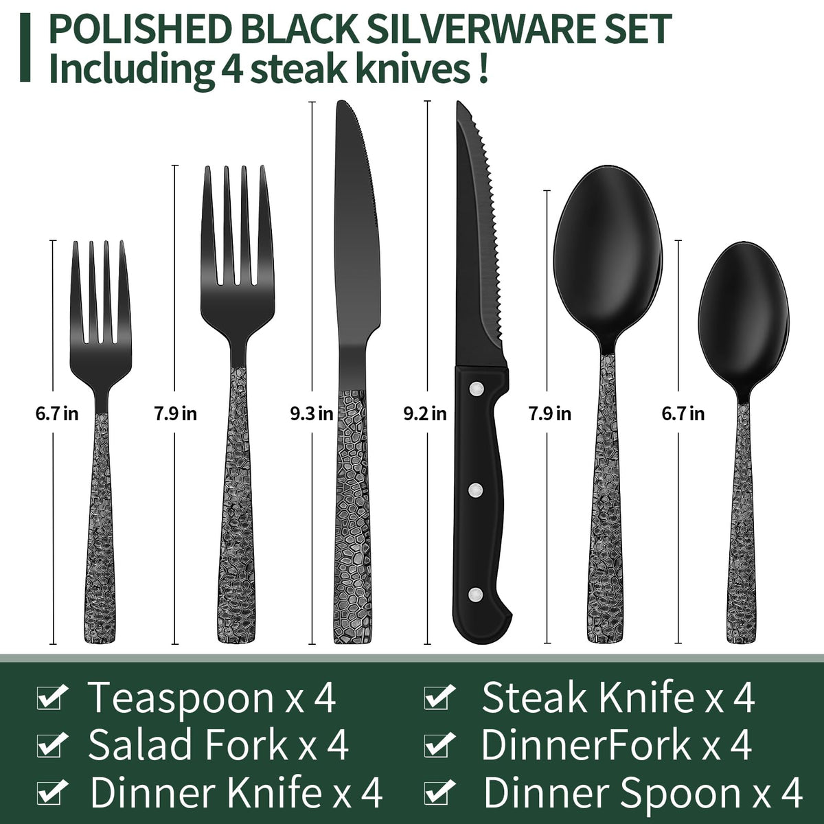 EWFEN 24-Piece Black Silverware Set with Steak Knives, Black Flatware Set for 4, Food-Grade Stainless Steel Tableware Cutlery Set, Mirror Finished Utensil Sets for Home Restaurant, Round Edge