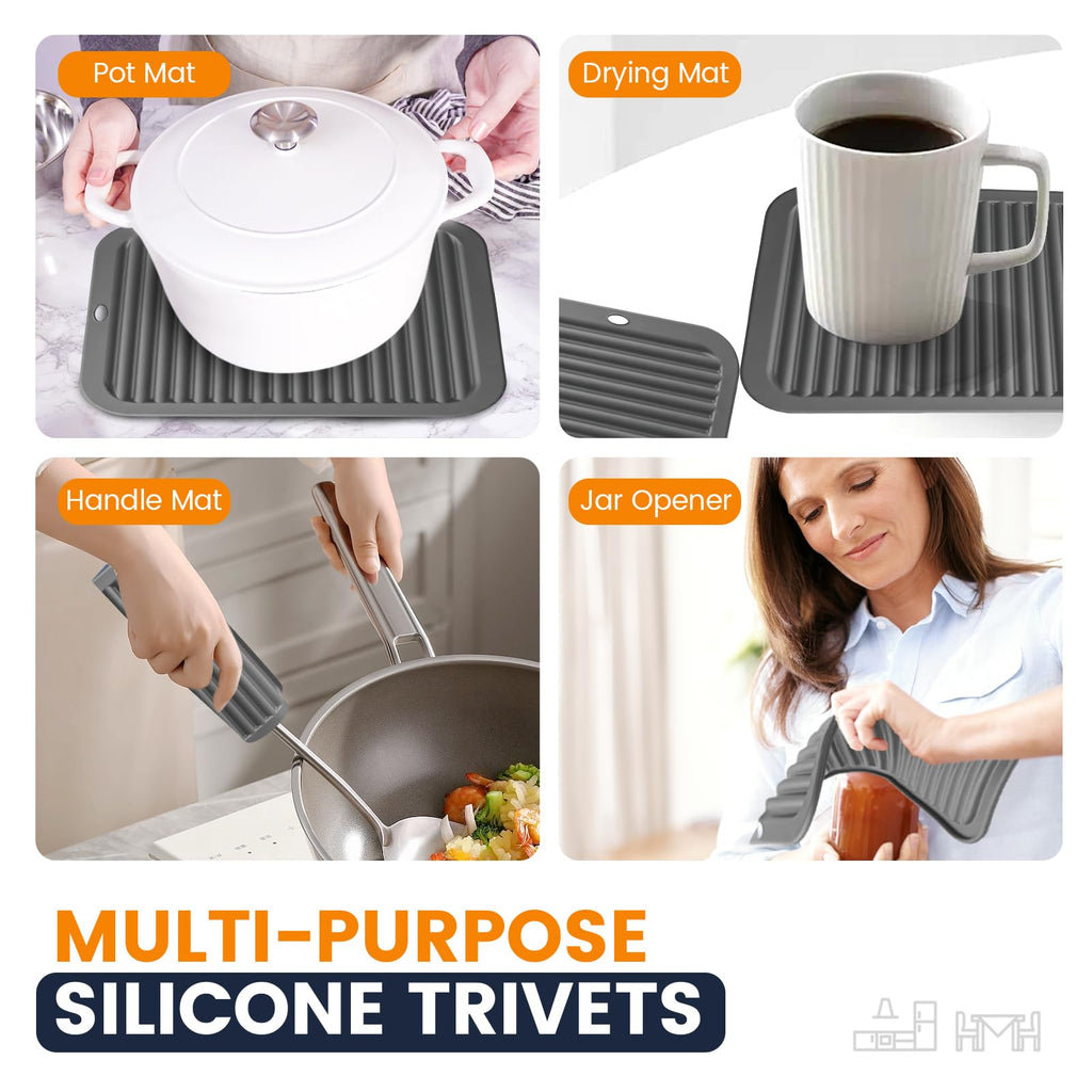 Silicone Trivet Mats 4 Heat Resistant Pot Holders Multipurpose Non-Slip Hot Pads for Kitchen Potholders, Drying mat, Jar Opener, Spoon Holder, Coaster(Dark Grey)