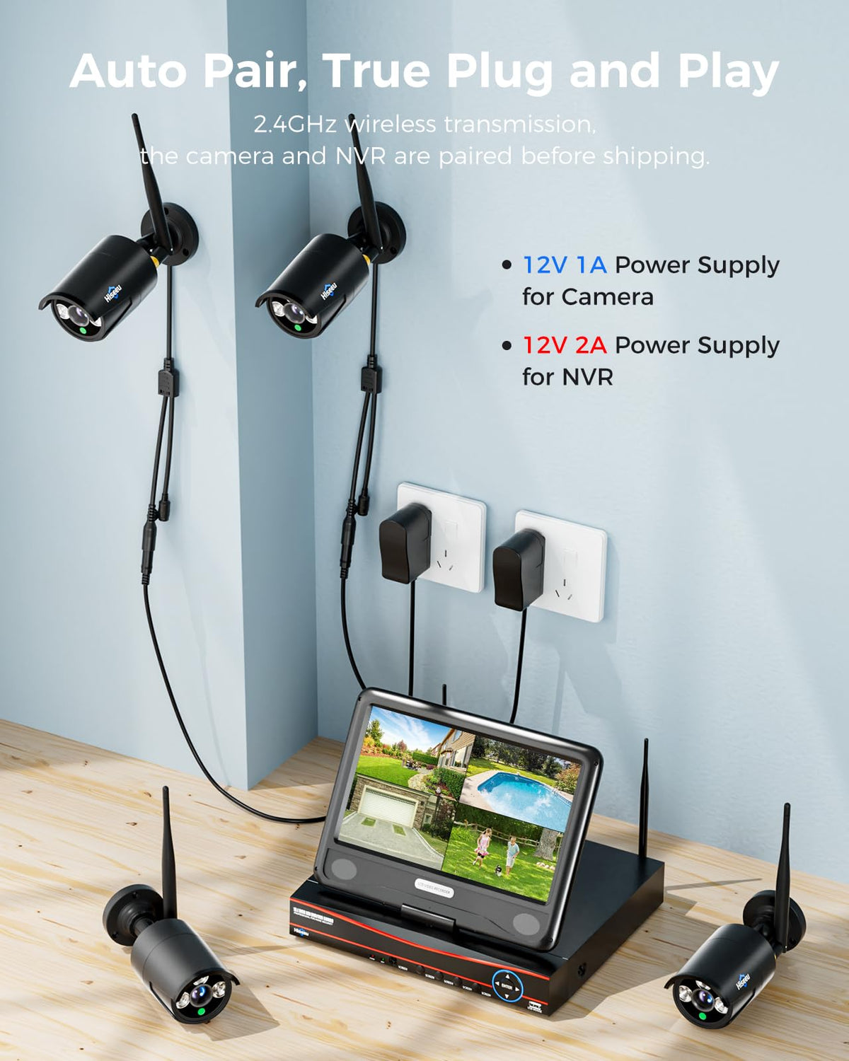 Hiseeu Home Security System, 24/7 Recording 5MP Wired Plug-in Powered Outdoor Bullet Cameras, 2.4G/5G WiFi Pro, 4K NVR with 12" LCD Monitor, 3TB HDD, Night Vision, IP65