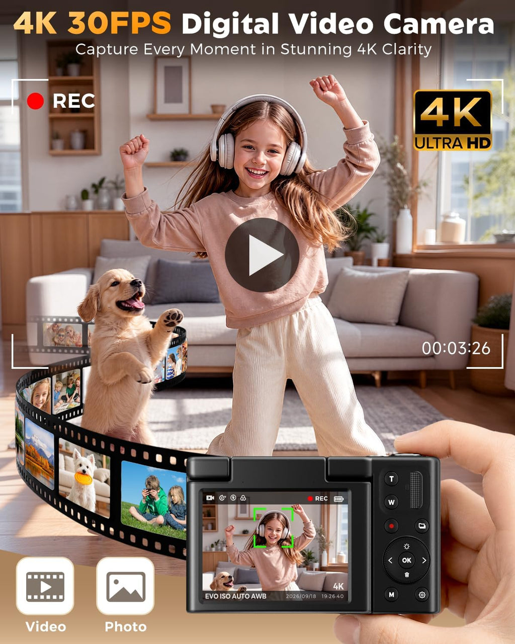 Digital Camera, 4K Autofocus Camera for Photography, 2.8" 180°Flip Screen, 48MP 16X Zoom Anti-Shake, Portable Compact Point and Shoot Camera for Teens Adults, 32GB Card, Gift for Boys Girls Beginners