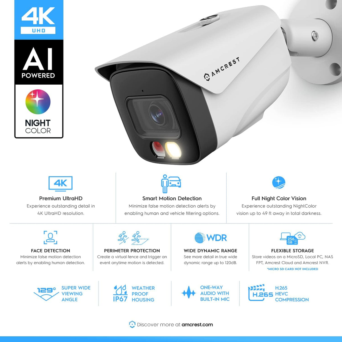 امكرست كاميرا الترا اتش دي 4K (8MP) IP PoE AI بمجال رؤية 129 درجة، رؤية ليلية ملونة 49 قدم، كاميرا مراقبة خارجية رصاصة للكشف عن الانسان والمركبات، رادع نشط، 4K @15fps، IP8M-2796EW-AI (ابيض)