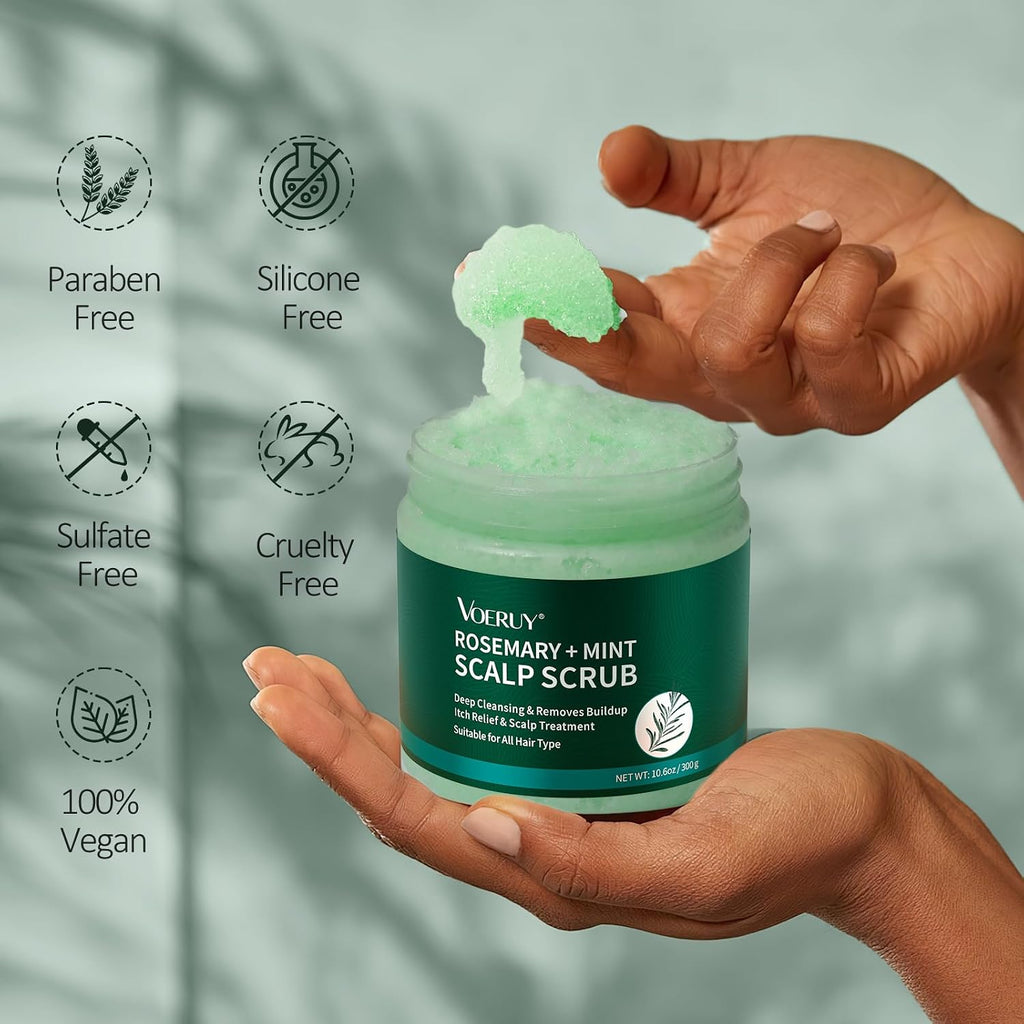 Scalp Scrub, Rosemary Scalp Exfoliator Scrub Shampoo, 2-in-1 Scalp Treatment with Mint Oil, Hair Treatment to Clarify and Remove Build Up with Silicone Scalp Massager, 10.6oz/300g