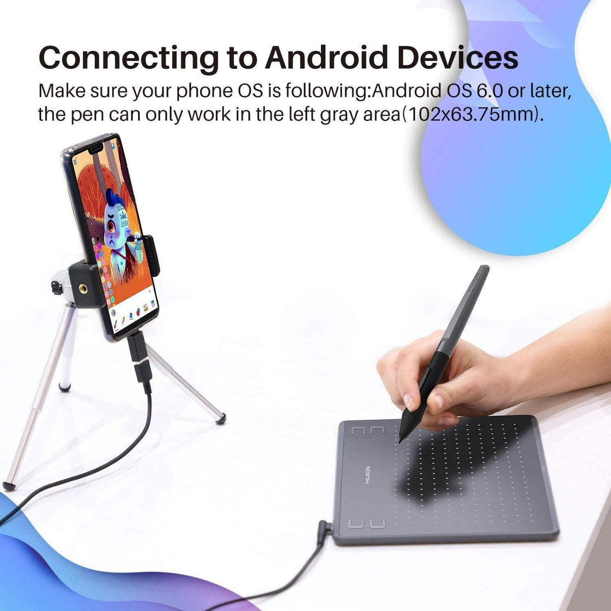 تابلت رسم جرافيك إتش إس 64 من علامة هيون مع قلم بدون بطارية لأنظمة أندرويد وويندوز وماك أو إس مع منطقة عمل 6.3 × 4 بوصة، تابلت قلم للينكس وماك وويندوز بي سي وأندرويد