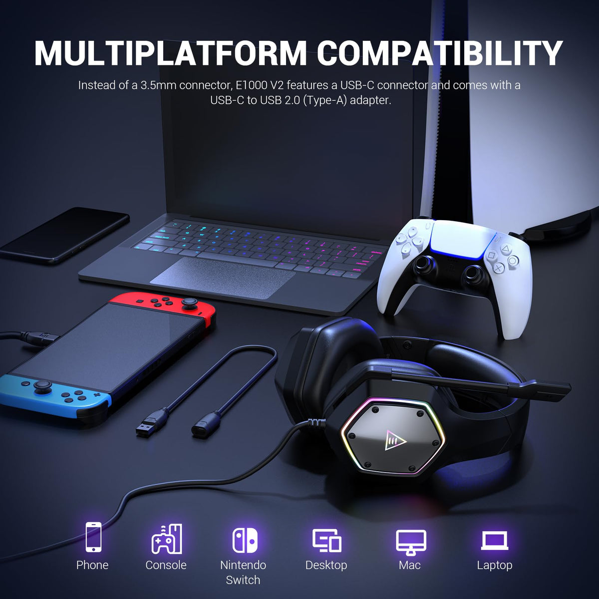 EKSA E1000 USB PC Gaming Headset with Mic, 7.1 Surround Sound