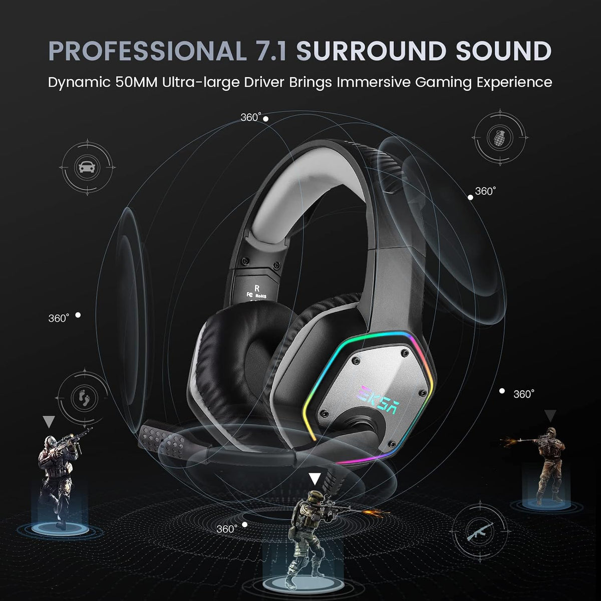 EKSA E1000 USB PC Gaming Headset with Mic, 7.1 Surround Sound