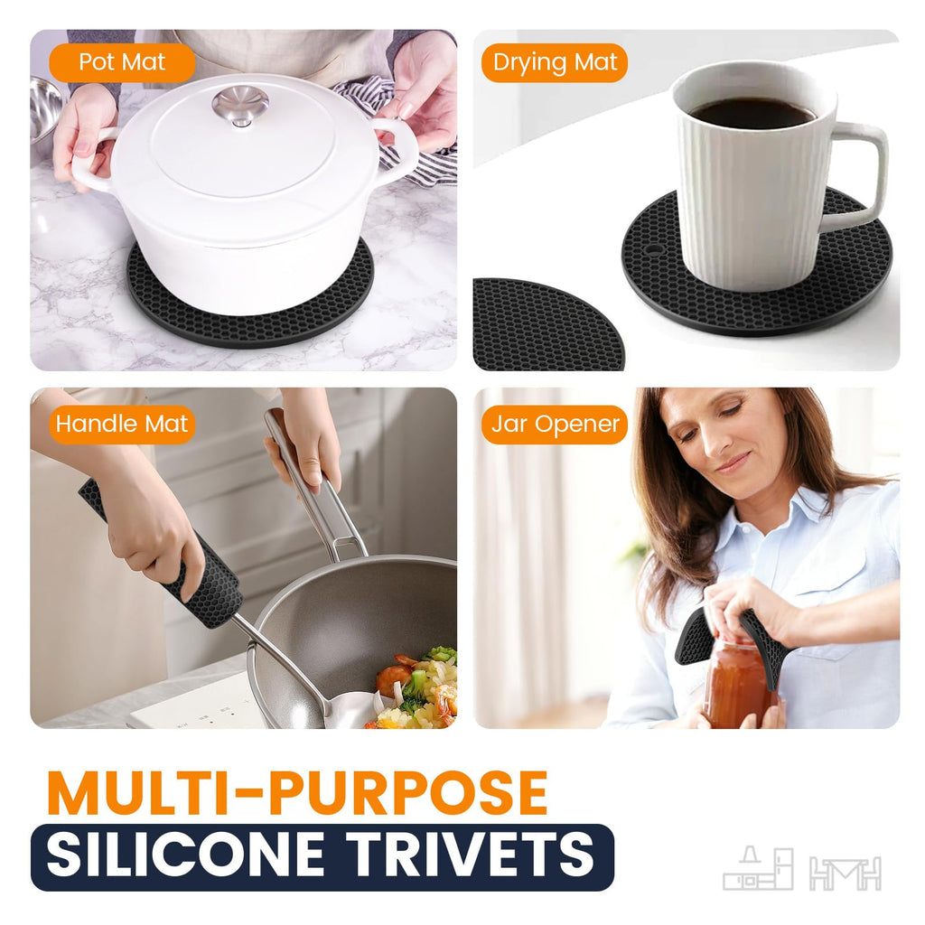 Silicone Trivet Mats 4 Heat Resistant Pot Holders Multipurpose Non-Slip Hot Pads for Kitchen Potholders, Drying mat, Jar Opener, Spoon Holder, Coaster(Dark Grey)