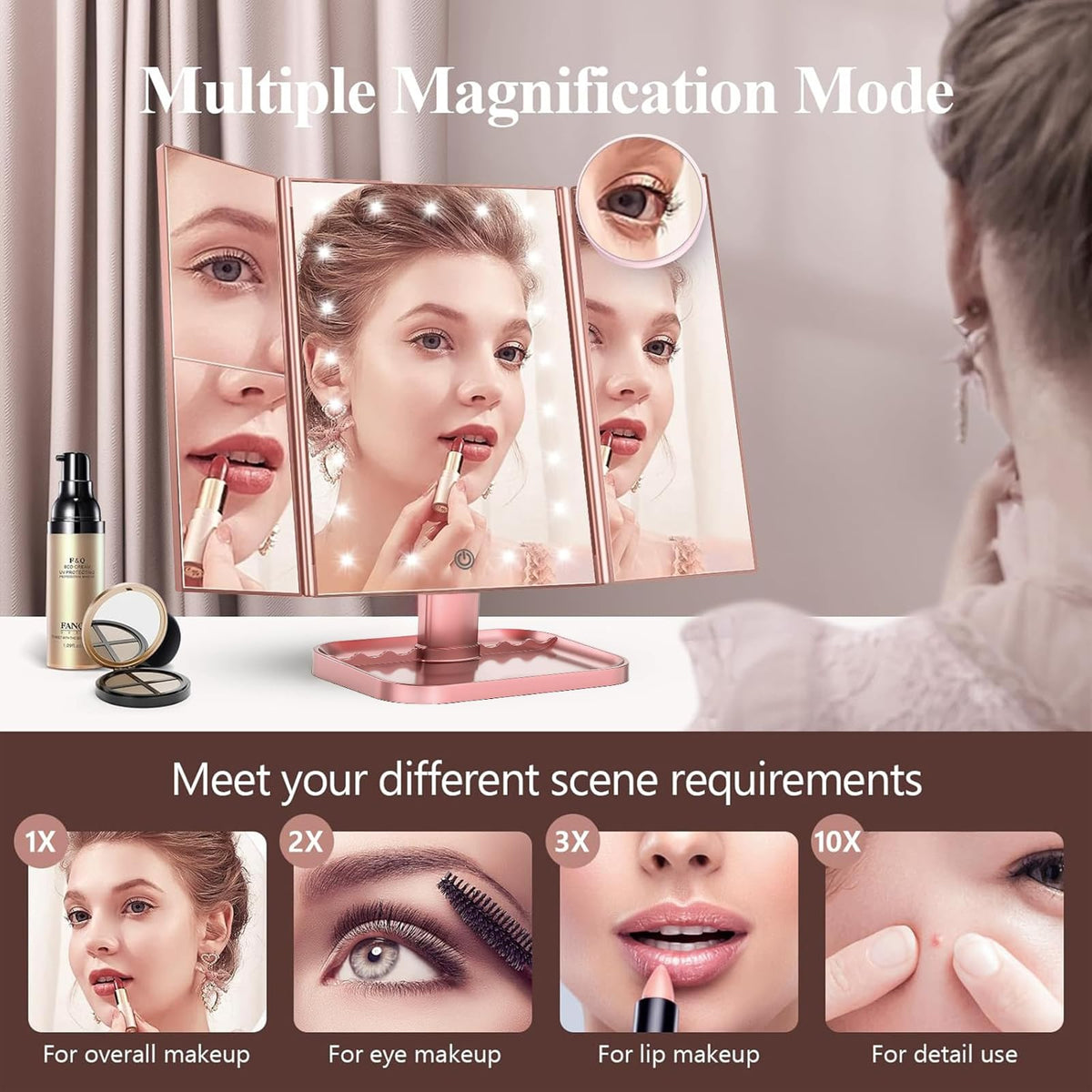 2X/3X/10X Magnifying Vanity Mirror with Light, Trifold Makeup Mirror