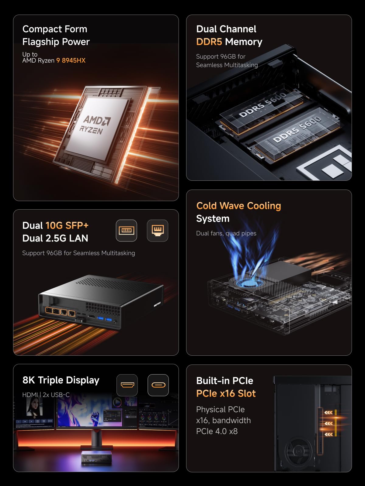 MINISFORUM MS-A2 Workstation AMD Ryzen 9 9955HX(16C/32T, up to 5.4GHz) Mini PC Without RAM/SSD/OS, HDMI/2xUSB-C Output, 2x2.5G LAN Port|10G SFP+ Port, Support M.2 2280/22110/U.2 SSD Mini Computer