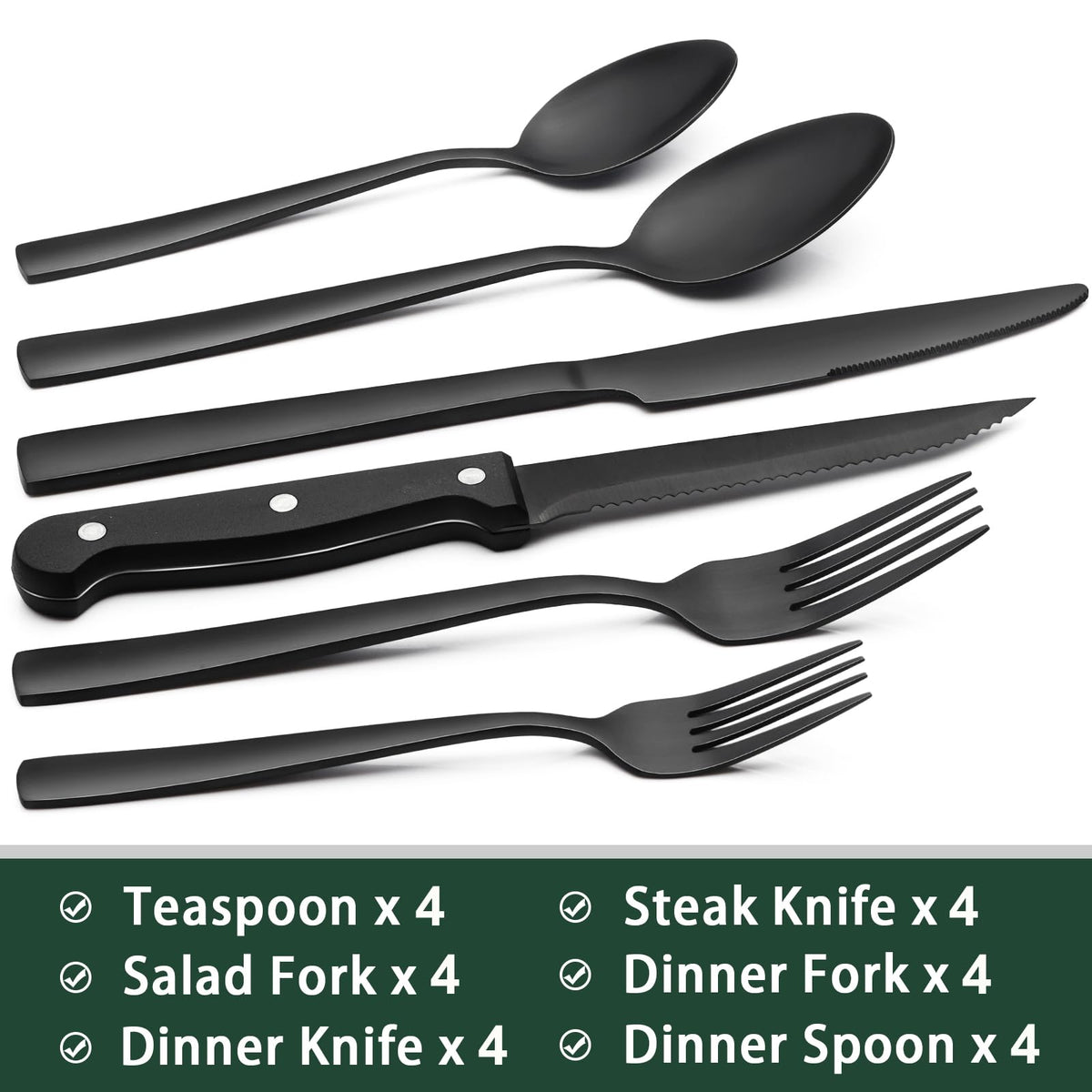 EWFEN 24-Piece Black Silverware Set with Steak Knives, Black Flatware Set for 4, Food-Grade Stainless Steel Tableware Cutlery Set, Mirror Finished Utensil Sets for Home Restaurant, Round Edge