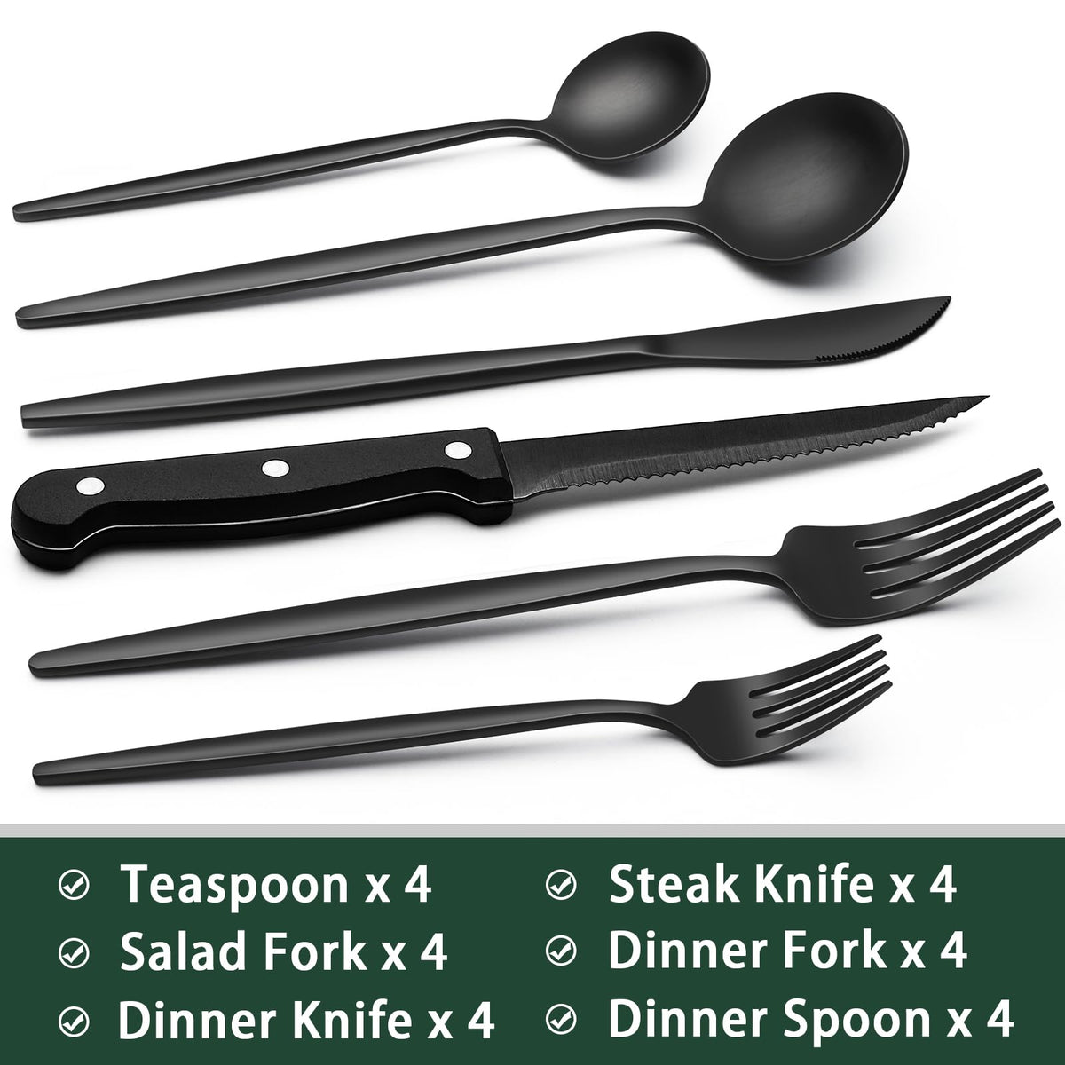 EWFEN 24-Piece Black Silverware Set with Steak Knives, Black Flatware Set for 4, Food-Grade Stainless Steel Tableware Cutlery Set, Mirror Finished Utensil Sets for Home Restaurant, Round Edge