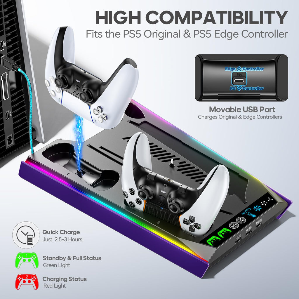 PS5/Slim/Pro Stand for Disc & Digital Console, PS5 Cooling & Charging Station with RGB Lights, PS5 Controller Charger Built-in 3 Level & AUTO Adjustable Fan, Accessories for PlayStation 4 Chargers