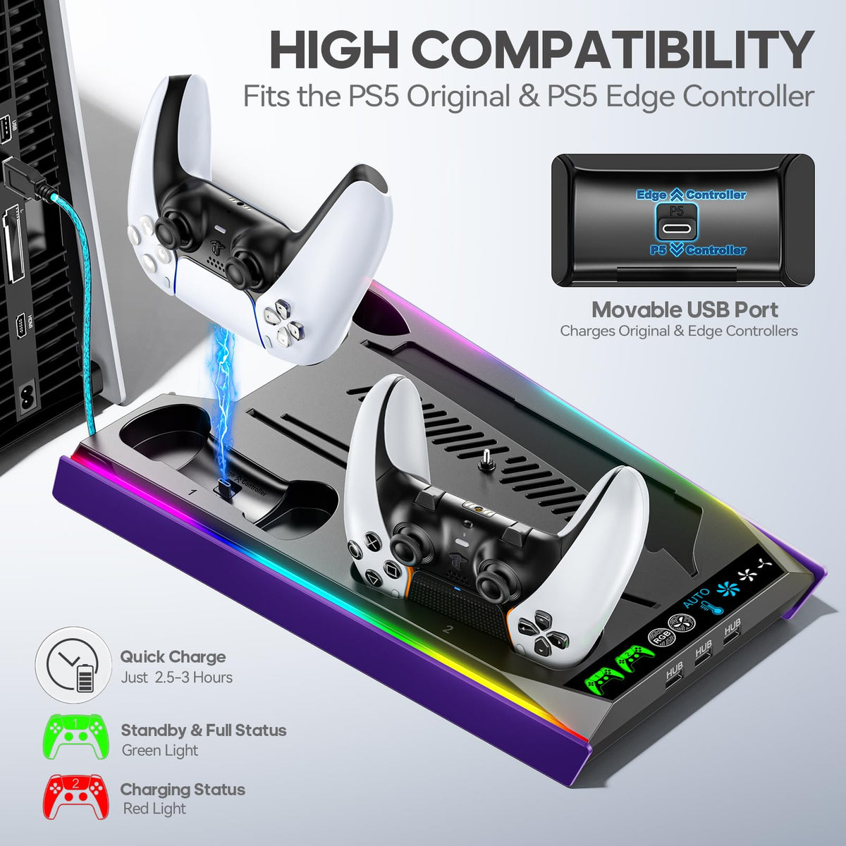 PS5/Slim/Pro Stand for Disc & Digital Console, PS5 Cooling & Charging Station with RGB Lights, PS5 Controller Charger Built-in 3 Level & AUTO Adjustable Fan, Accessories for PlayStation 4 Chargers