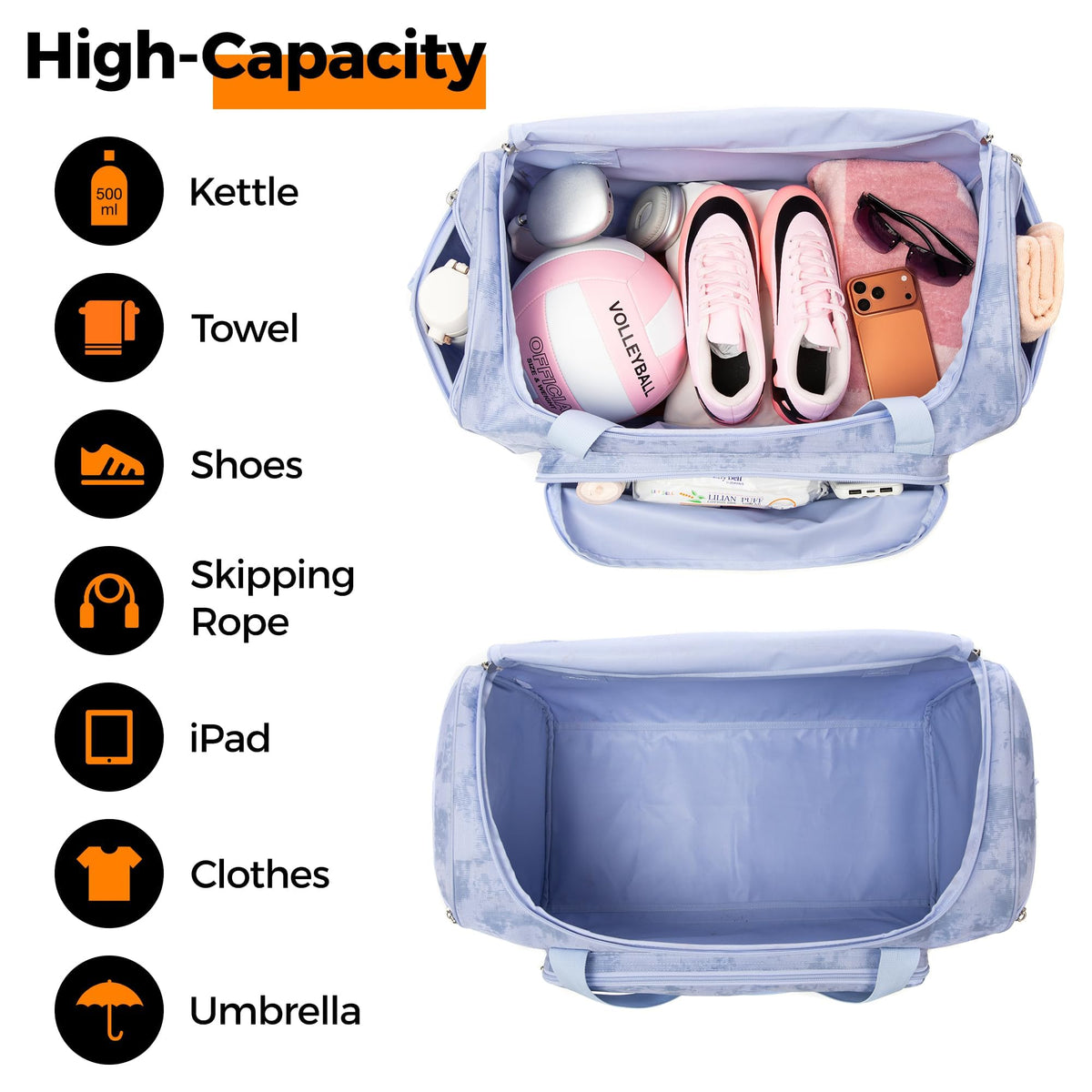 Gym Bag for Men & Women - 50L Large Duffle Bag for Travel, Black