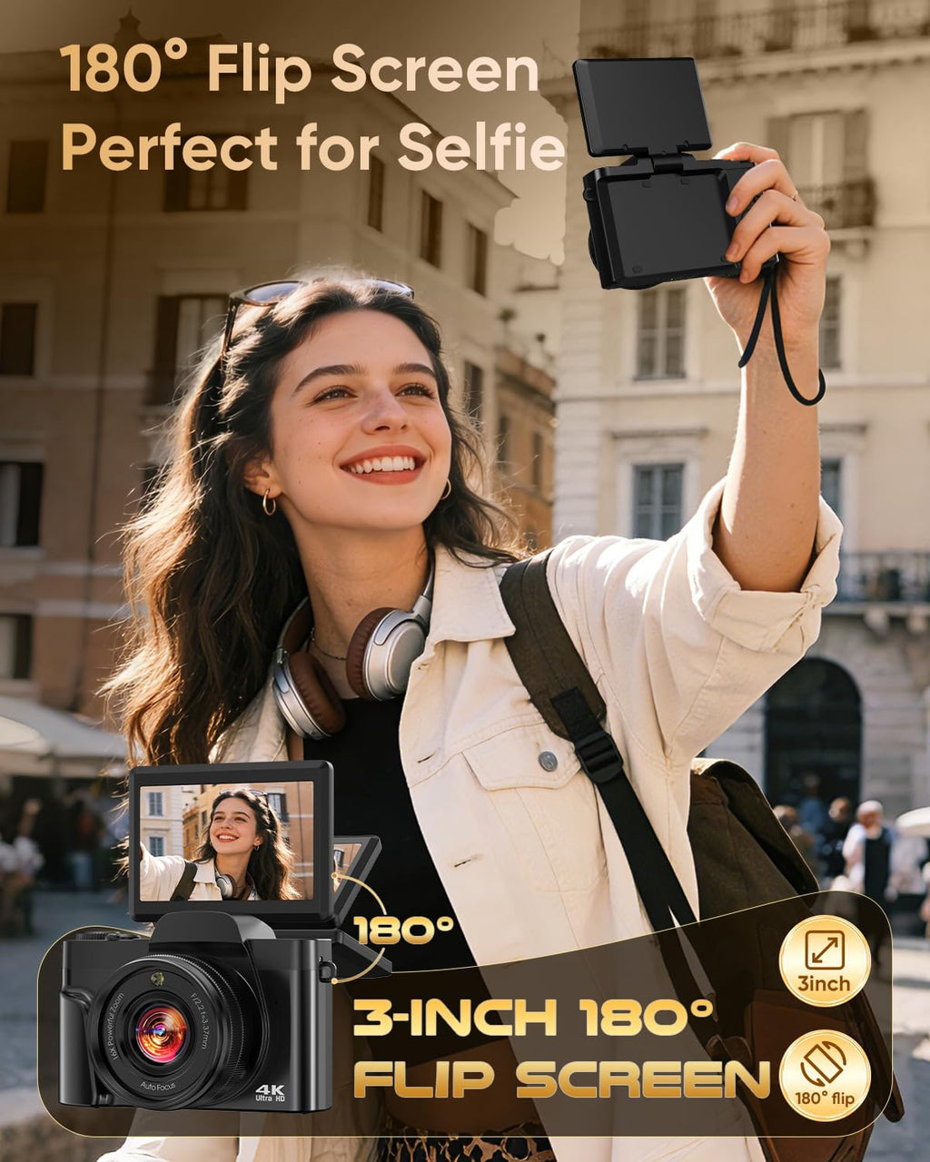4K Digital Camera WiFi 180° Flip Screen Autofocus 64MP 16X Zoom, Black