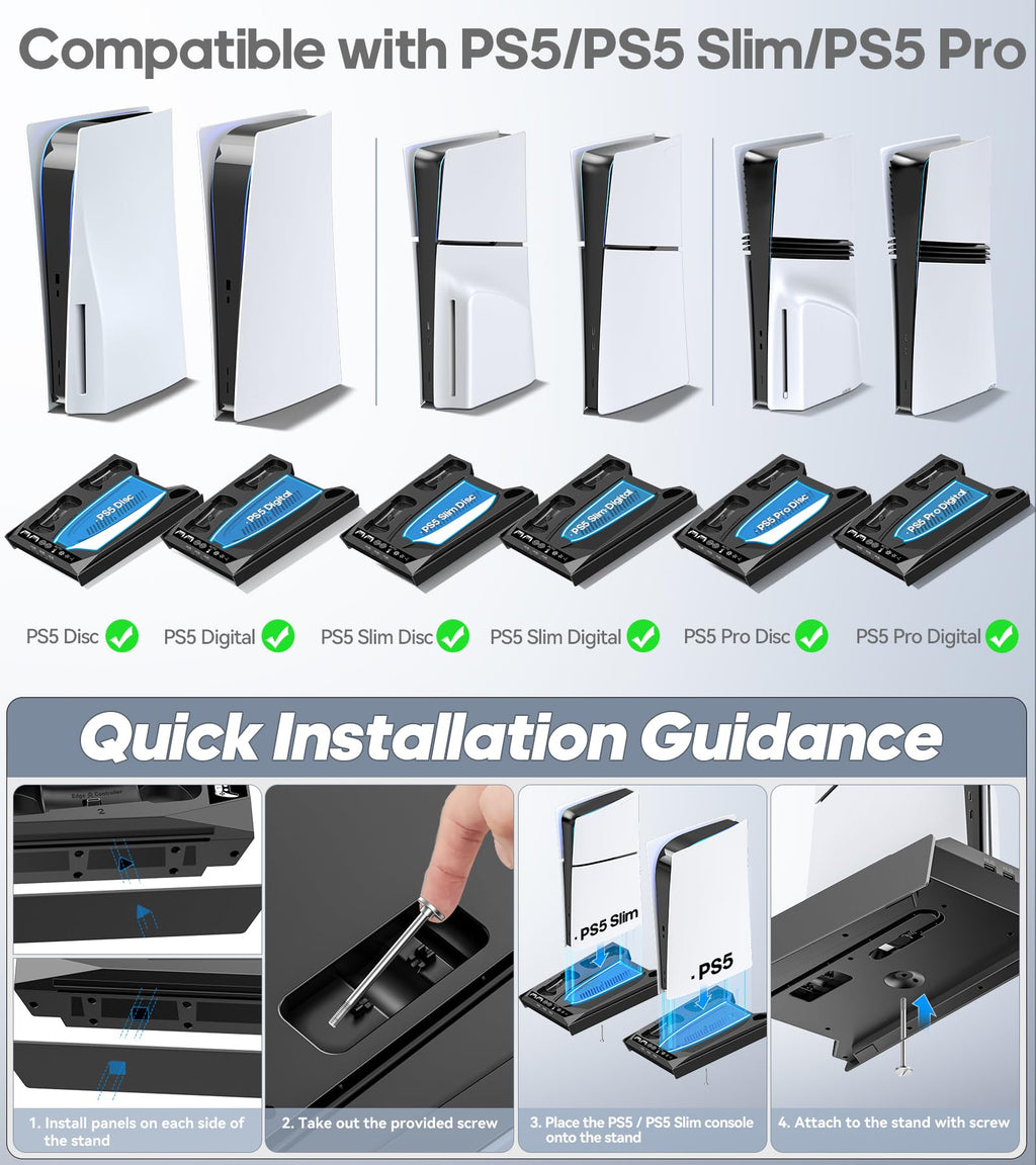 PS5/Slim/Pro Stand for Disc & Digital Console, PS5 Cooling & Charging Station with RGB Lights, PS5 Controller Charger Built-in 3 Level & AUTO Adjustable Fan, Accessories for PlayStation 4 Chargers