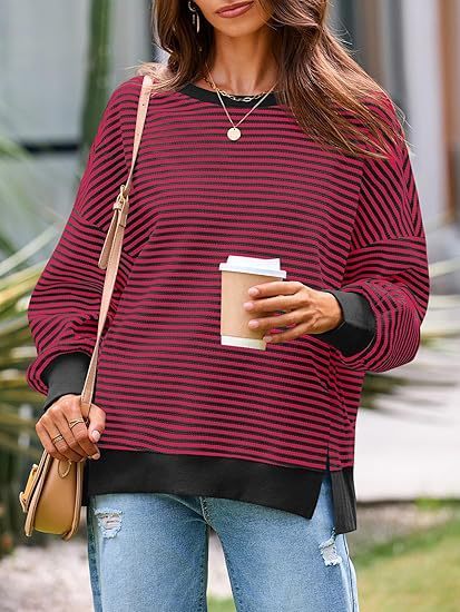 Waffle Knitted Long Sleeve Crew Neck Split Pullover Sweater