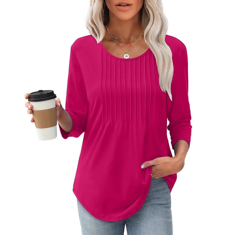Women's Long Sleeve Top Fashion Casual Pleated Low Round Neck - souqmart