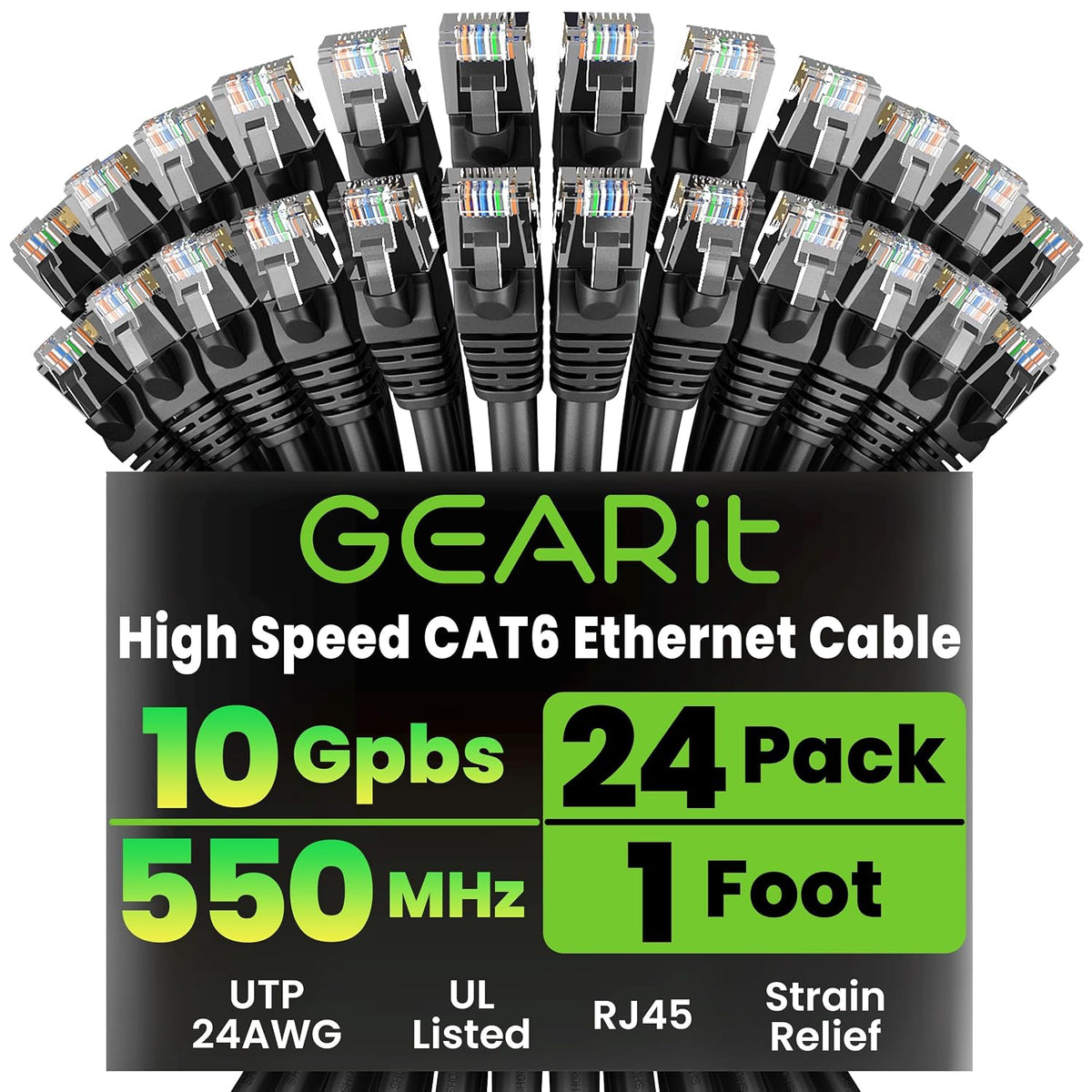 GEARit Cat6 Patch Cables Cat 6 Ethernet Cable 1 ft 24-Pack Black