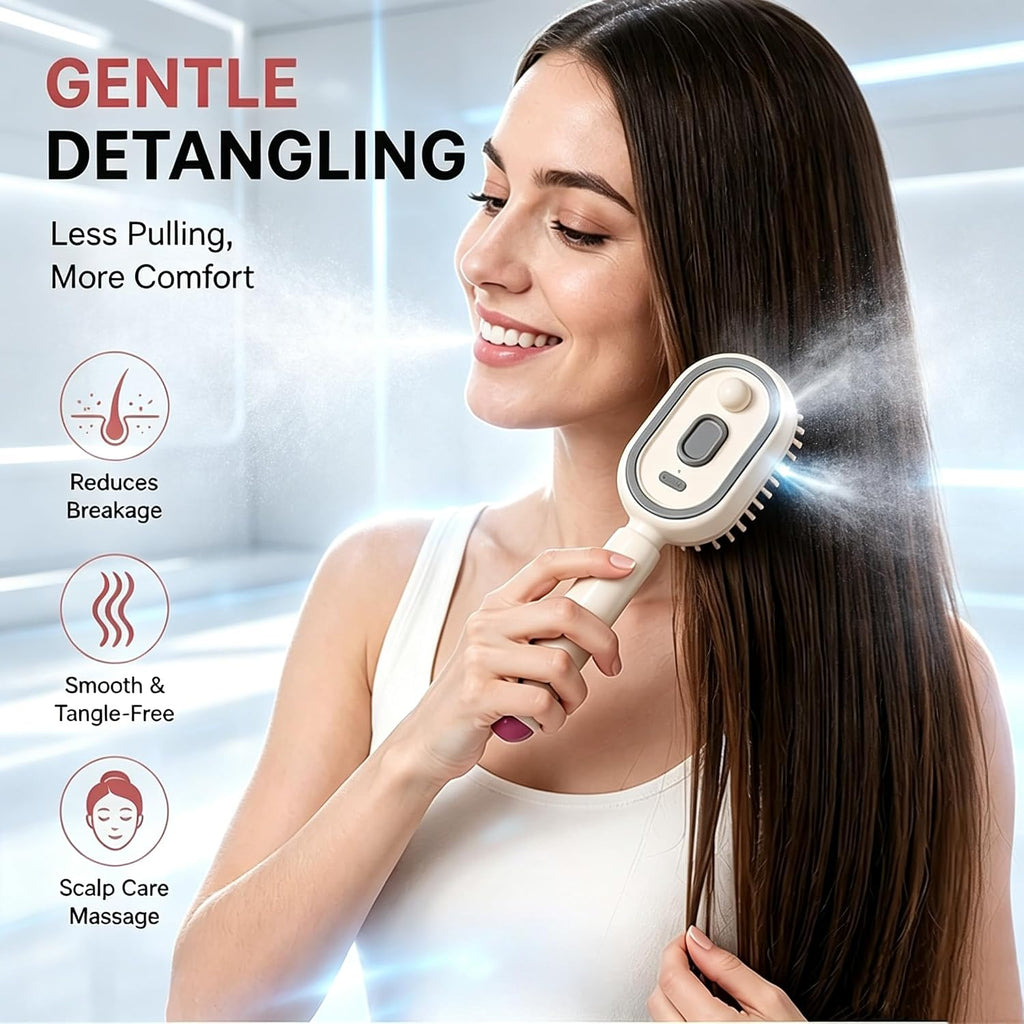 Women Electric Spray Air Cushion Massage Hair Comb, Self‑Cleaning Anti‑Tangle Anti‑Static Volumizing Brush, for Frizz Control Smooth Shine Daily Hair Care(Pink)