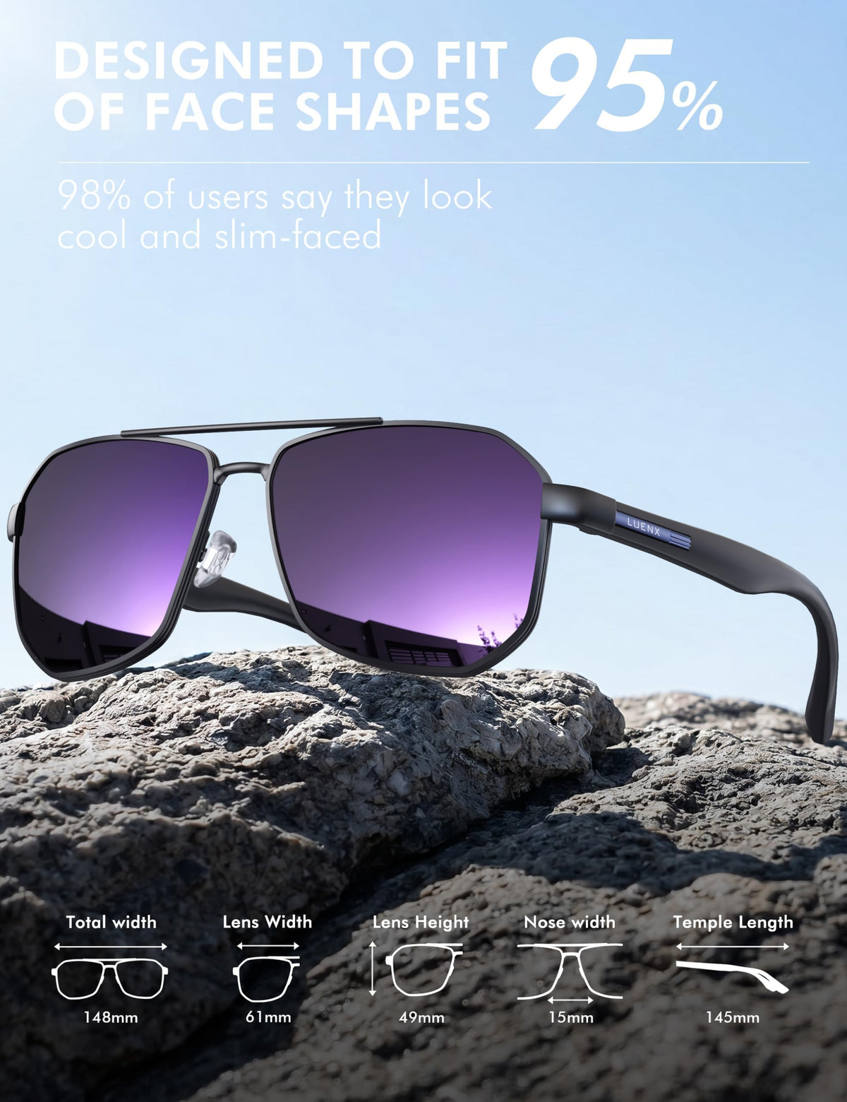 LUENX Aviator Polarized Sunglasses for Men: Square UV400 Driving